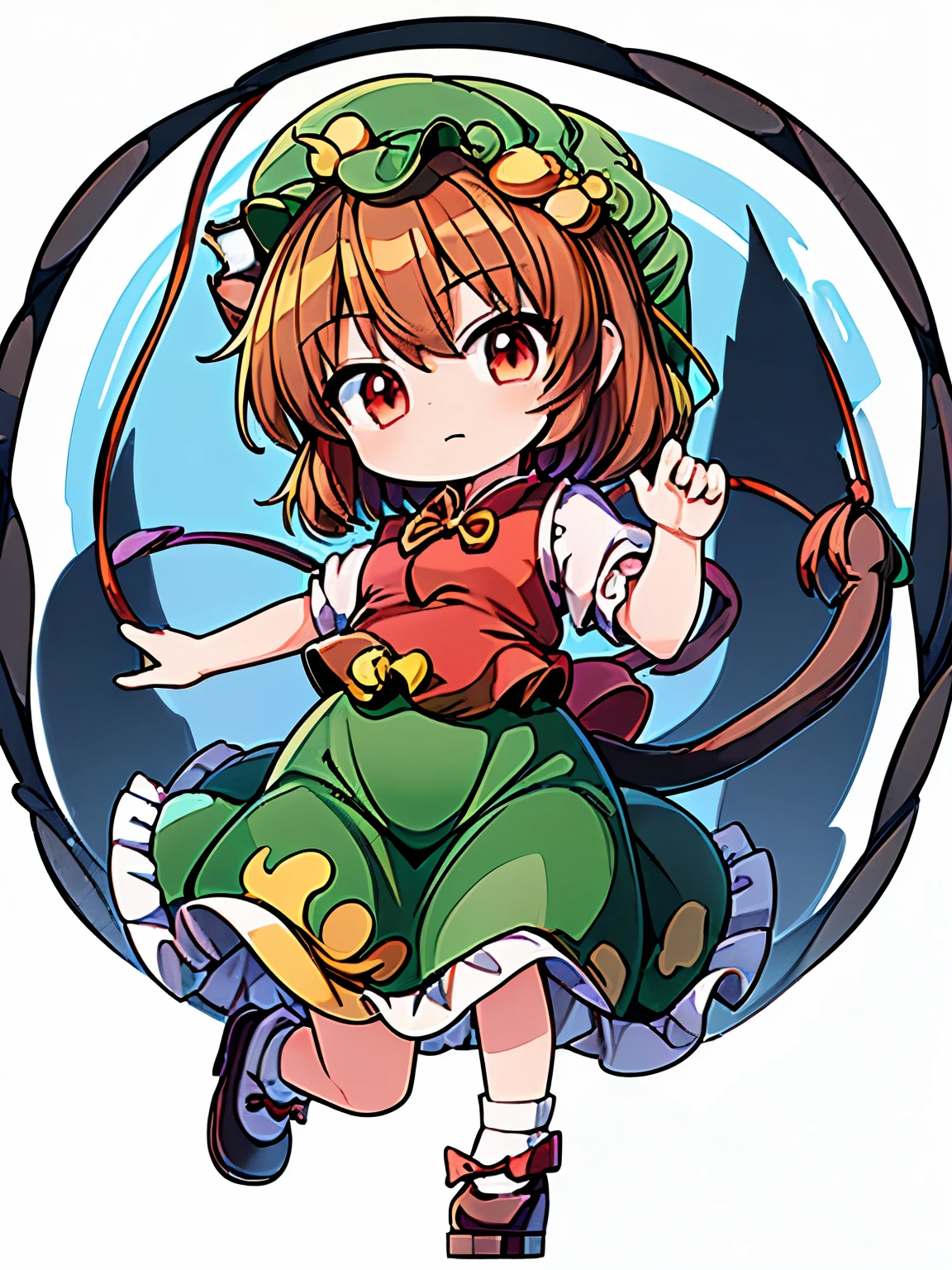 (((masterpiece))), (((best quality))), ((ultra-detailed)), (8K), anime style, (1girl）,(((touhou project))), (((Chen))),blown short hair,black cat ear,black cat tail,red costume,(((Deformed, super deformed))), (chibi), cute,