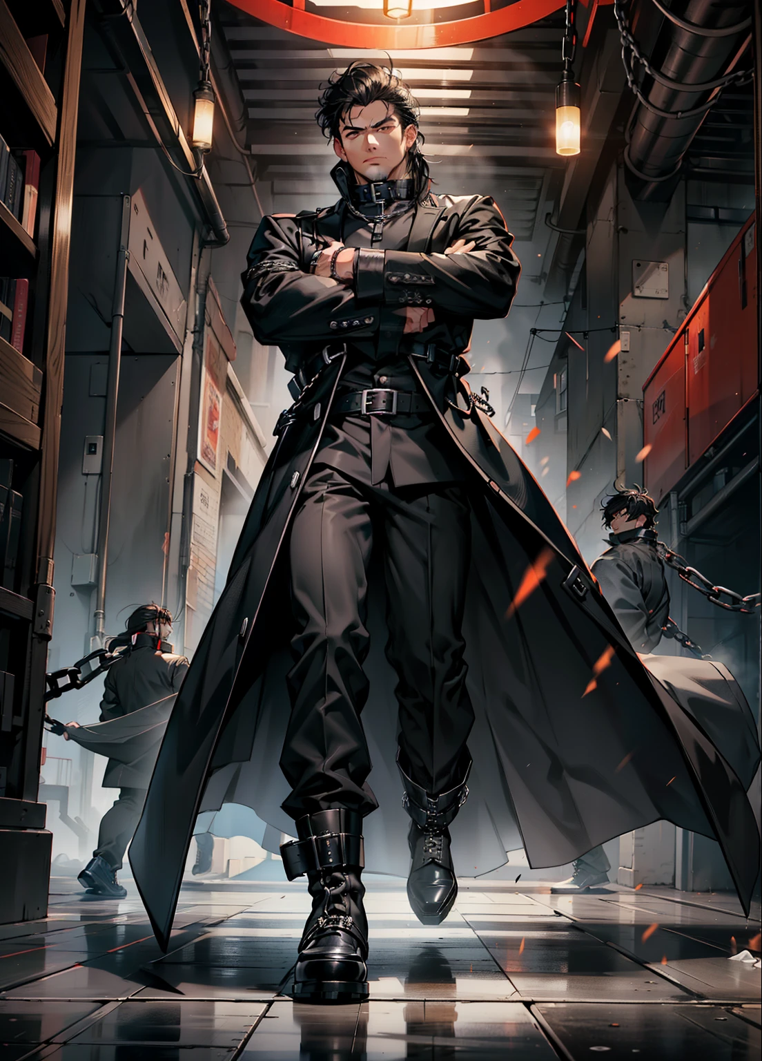 boys, 26 Years old, Serious face, black hair, brown eyes, clean face, ((no facial hair)), flowing hair, wearing ((black high collar coats)), gray round neck shirts, black trousers, high cut boots, hands cross on chest, flames, chains, levitate