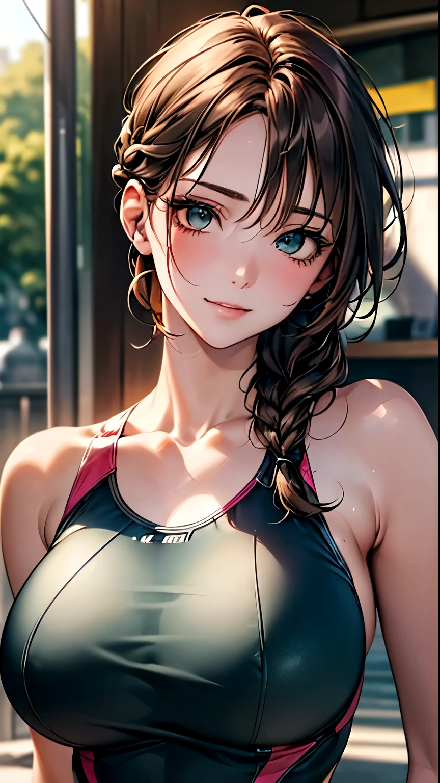 (Browsing Caution:1.2), (8k, RAW Photos, Best image quality, masterpiece: 1.4), (Highly detailed CG Unity 8k wallpaper, highest quality, High resolution: 1.2), (Ultra_Familiar, 超High resolution: 1.2), super highly Familiar, (Realistic, Realistic: 1.48), 1 girl, Focus Only,(Braiding:1.5), Side Lock, bangs, ((Dark green eyes:1.4, Round eyes, Beautiful eyelashes)), Clear Eyes,Big Breasts,Shiny Hair, beautiful Familiar cold face,Captivating smile, Beautiful and delicate eyes with exquisite detail,Extremely accurate details,Skin dents,Outdoor,Perfect Face,Perfect body, Beautiful Eyes, Beautiful Face,(Portraiture:1.5),Beautiful clavicle,Upward glance,Very cute woman,(One piece swimsuit:1.2),Brown Hair,