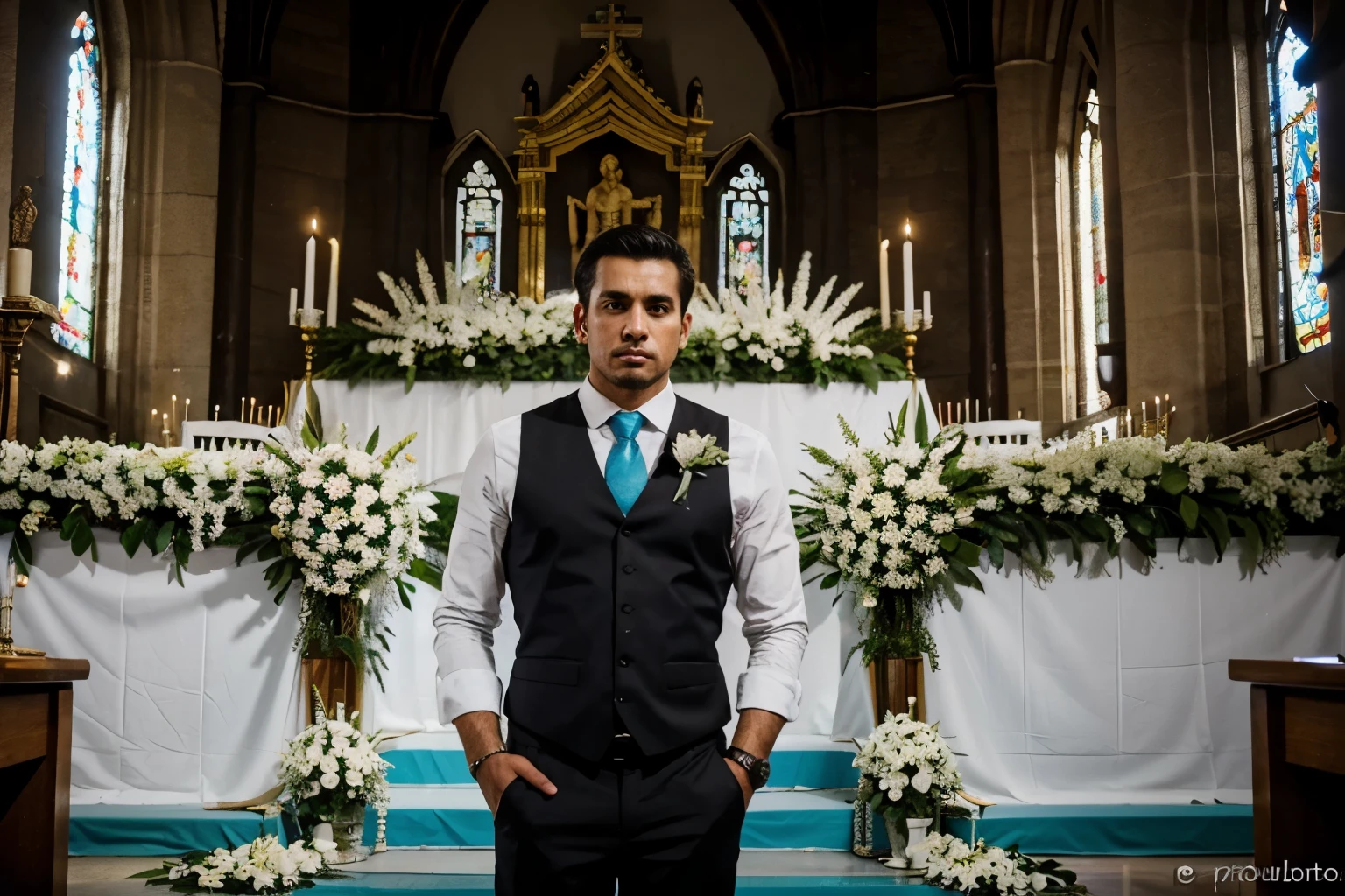 Imagem de Ricardo no altar, with a serious expression