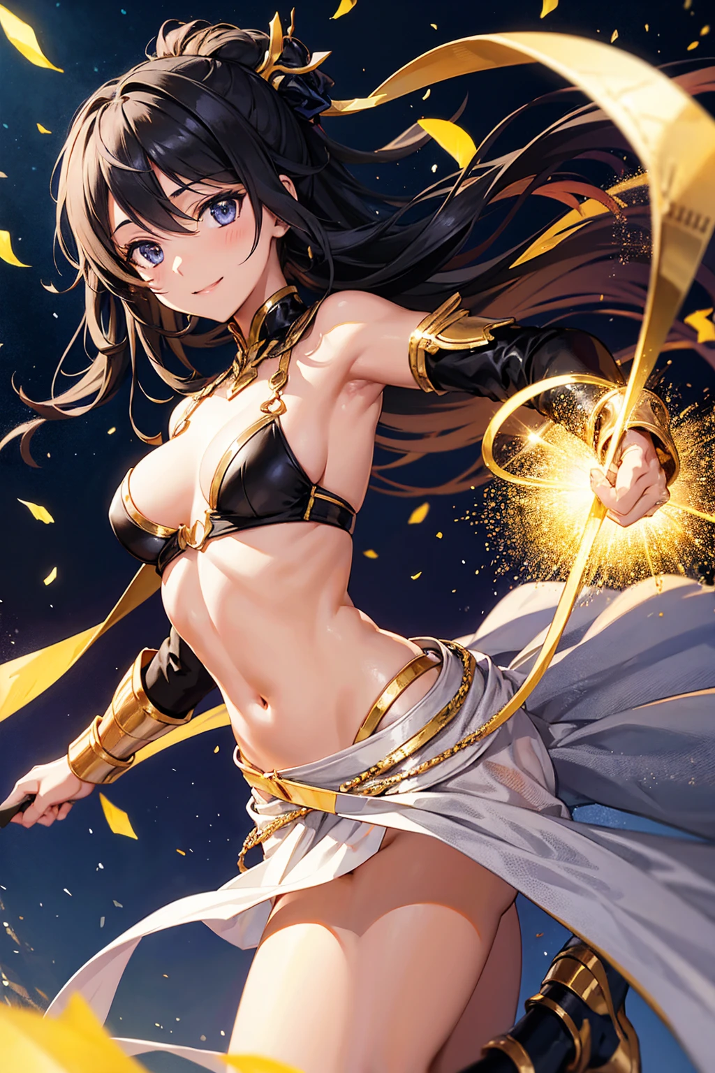 Kirito, Black egyptian dancer's clothing dark skin, blushing and smiling, standing alone on the spaceship, big breasts breast enlargement breasts looking into camera full-body shot illustration ultra-detailed, HDR, vibrant colors, soft lighting official art