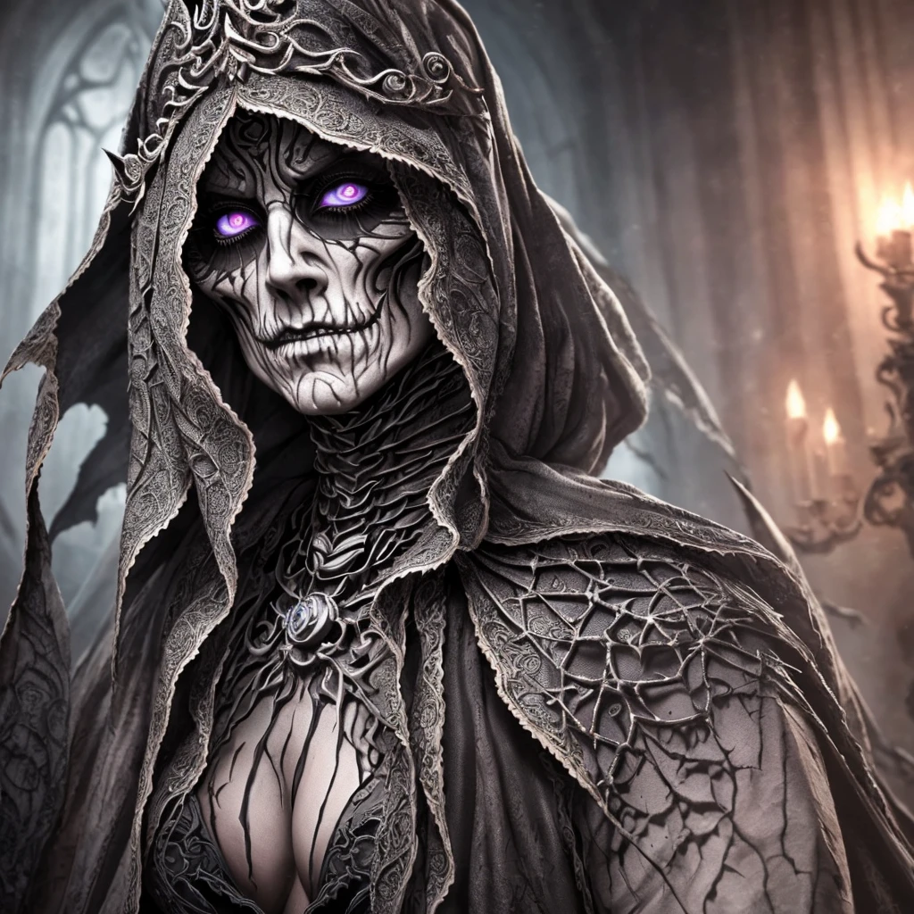 a terrifying undead lich, a powerful elderly female sorcerer,(beautiful detailed eyes,beautiful detailed lips,extremely detailed eyes and face,longeyelashes), alluring and repulsive, between the illusion of a vital sexy woman and a rotten corpse, inspecting her prisoners, deciding who to love and devour, dark fantasy, cinematic lighting, dramatic shadows, moody atmosphere, highly detailed, intricate, masterpiece,4k,8k,highres,ultra-detailed,(realistic,photorealistic,photo-realistic:1.37),HDR,UHD,studio lighting,ultra-fine painting,sharp focus,physically-based rendering,extreme detail description,professional,vivid colors,bokeh,horror,dark,gothic,dramatic
