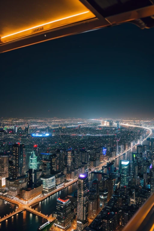 highest quality、Golden neon future city、Watching from on high、Night view、8k