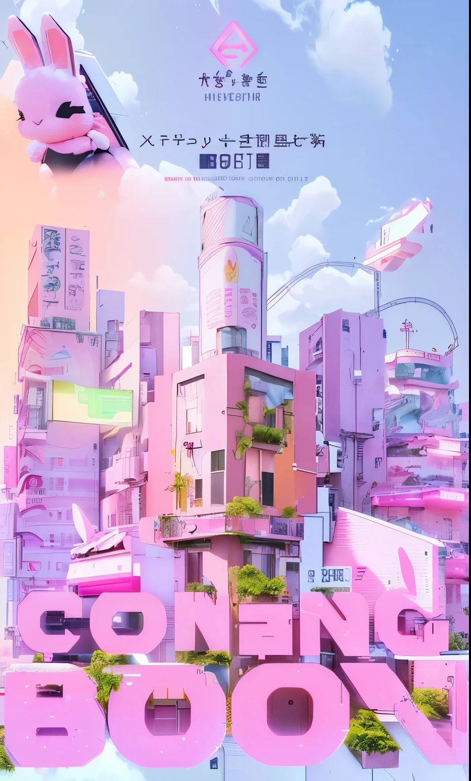 Close-up of a poster，There is a pink bunny and a pink building on it, Popular on cgstation, Steam Pau City, 2d/3D Mashup Poster Design, Vaporwave artwork composition, official poster, Minimalist Vaporwave, style hybrid mix of Bipple, Popular on cgstation, Bipple!!, poster illustration, in style of Bipple