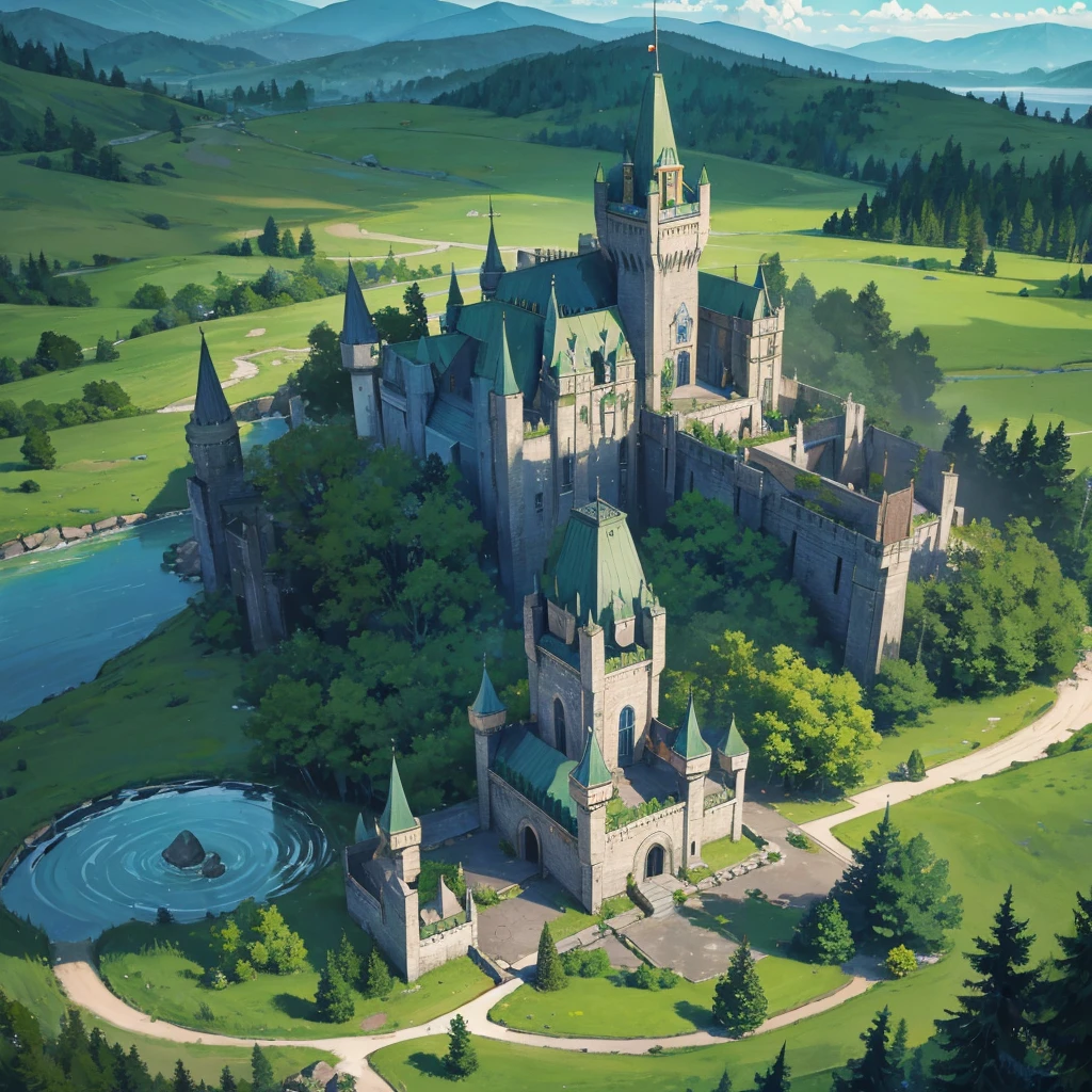 A High-elf large castle with green forest,Tower defense, One Watcher Tower, Four Arrow Tower, Magic Barrier around castle,