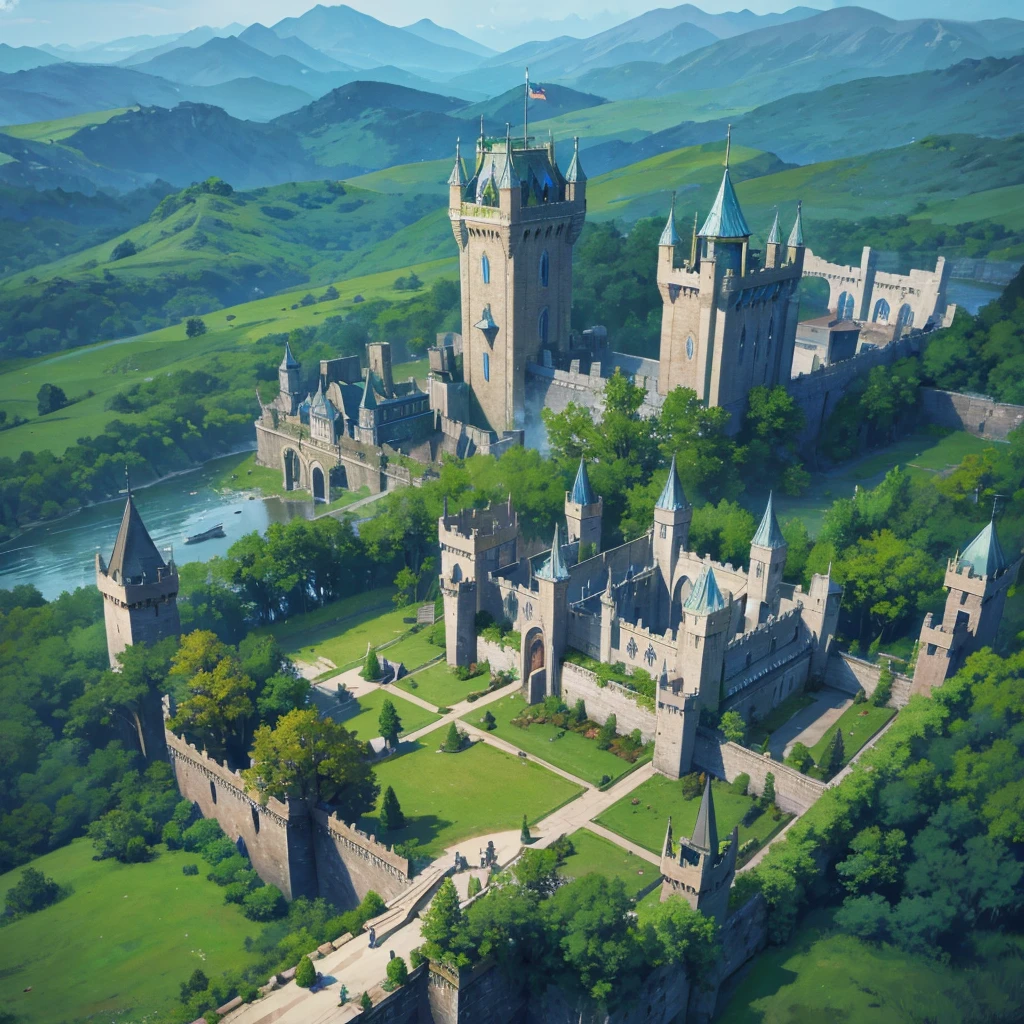 A High-elf large castle with green forest,Tower defense, One Watcher Tower, Four Arrow Tower, Magic Barrier around castle,