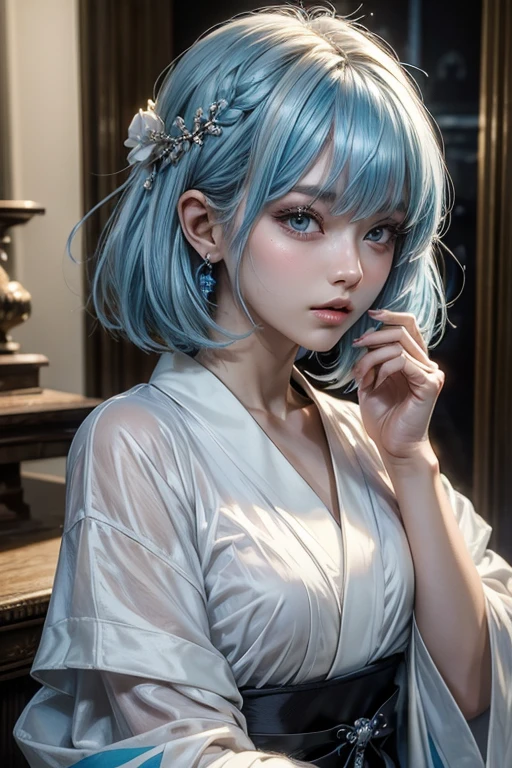 ((top-quality、masterpiece:1.3))、sharp:1.2、Perfect Body Beauty:1.4、((Layered hairstyle))、deep v ,white transparent (Kimono:1.1)、(shrines:1.2)、Highly detailed facial and skin texture、Detailed eye、double eyelid、((short-length hair))、boyish、Cool、((unisex))、big eye、 big bangss、((One Woman))、Black eyes、tying hair、hair adornments、light blue hair color