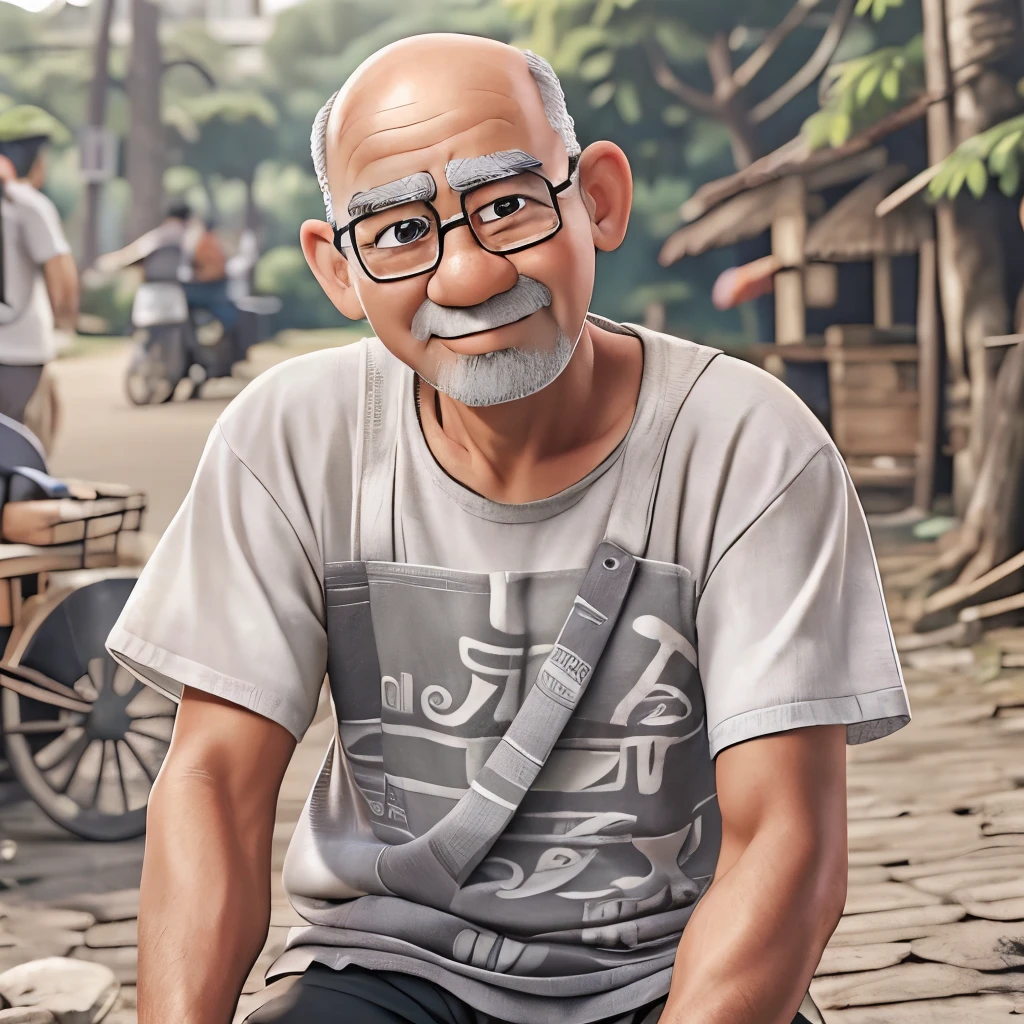 (( masterpiece)) a mature man 50-year-old, indonesian traditional face.bald grey hair.wearing black short pants.white T-shirt.Marker on his t-shirt was says PAK RT, random background,random posed,random environment,
