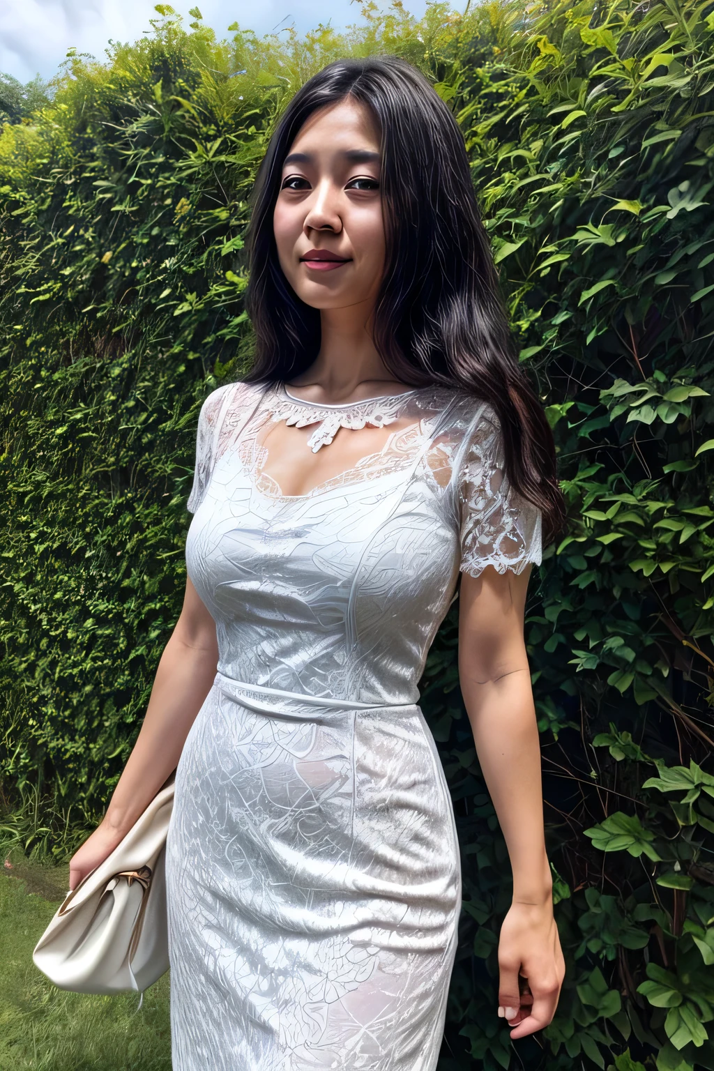 A Japanese woman in a white lace resort dress standing in front of a hedge, Hi3GB