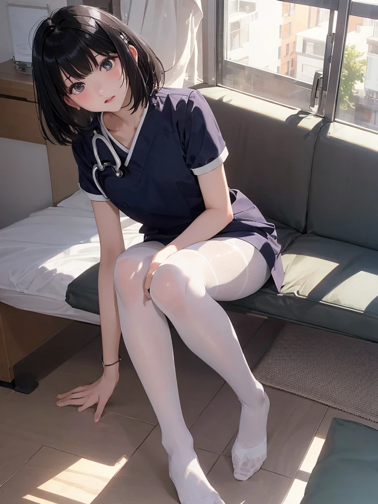 masterpiece, best quality, solo, flat chest, scrubs, (white pantyhose), hair_ornament, short_hair, black_hair, black_eyes, Crotchless pantyhose, on one knee