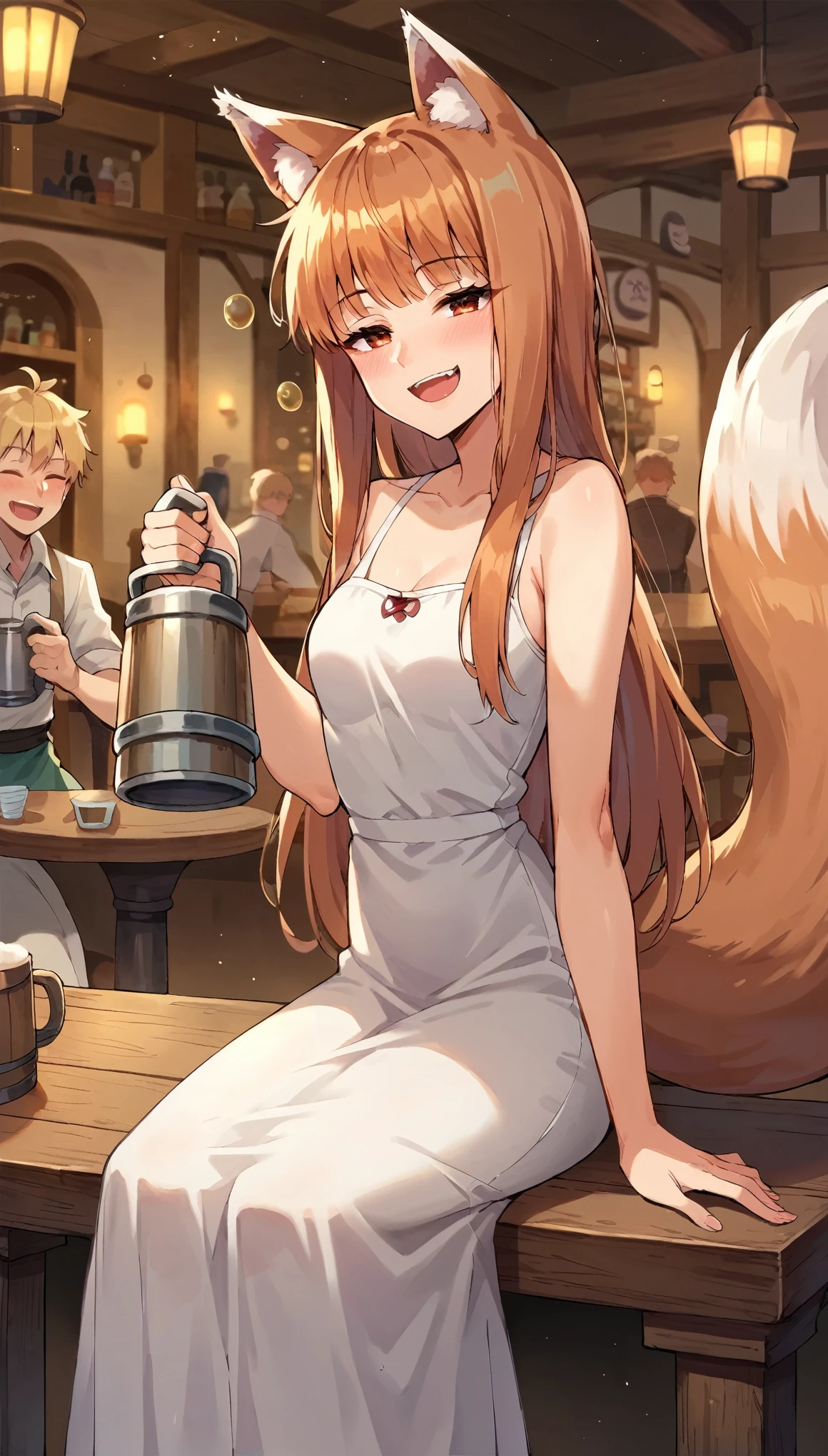 score_9, score_8_up, score_7_up, score_6_up, source anime,
1girl, holo, spice and wolf, fox girl, fox ears, fox tail, white dress, wide smile, tavern, sitting at table, holding a tankard, drunk
, masterpeice, best quality, very aesthetic, absurdres