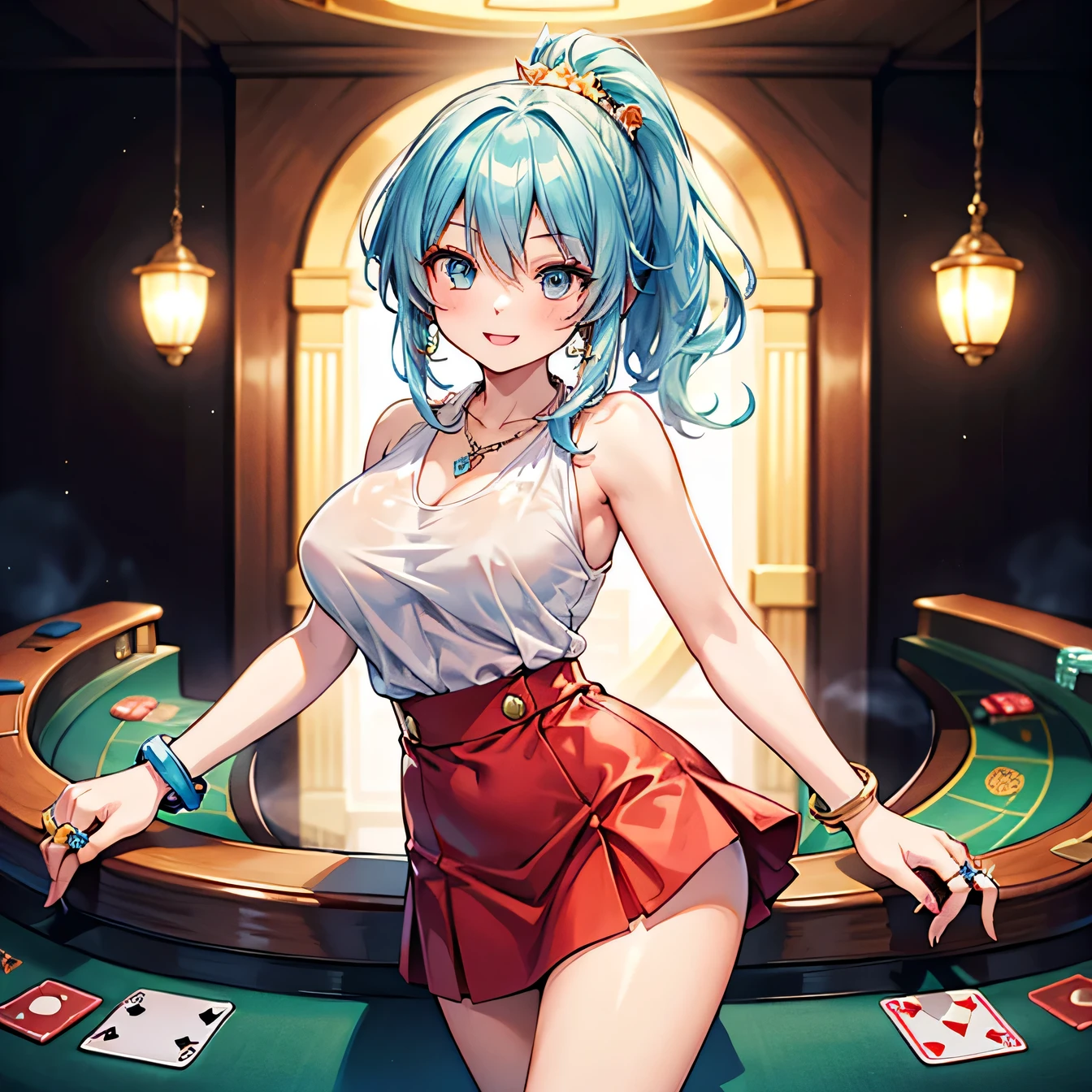 Anime Moe Art Style,highest quality,High resolution,Anatomically correct,One Girl,Mid-s,A girl with light blue hair in a ponytail,Super detailed,Fantasy World,Sleeveless blouse,mini skirt,Big Breasts,A rich expression,A big smile,casino,poker,Eyes drawn in detail,hair ornaments,necklace,bracelet,ring,8K