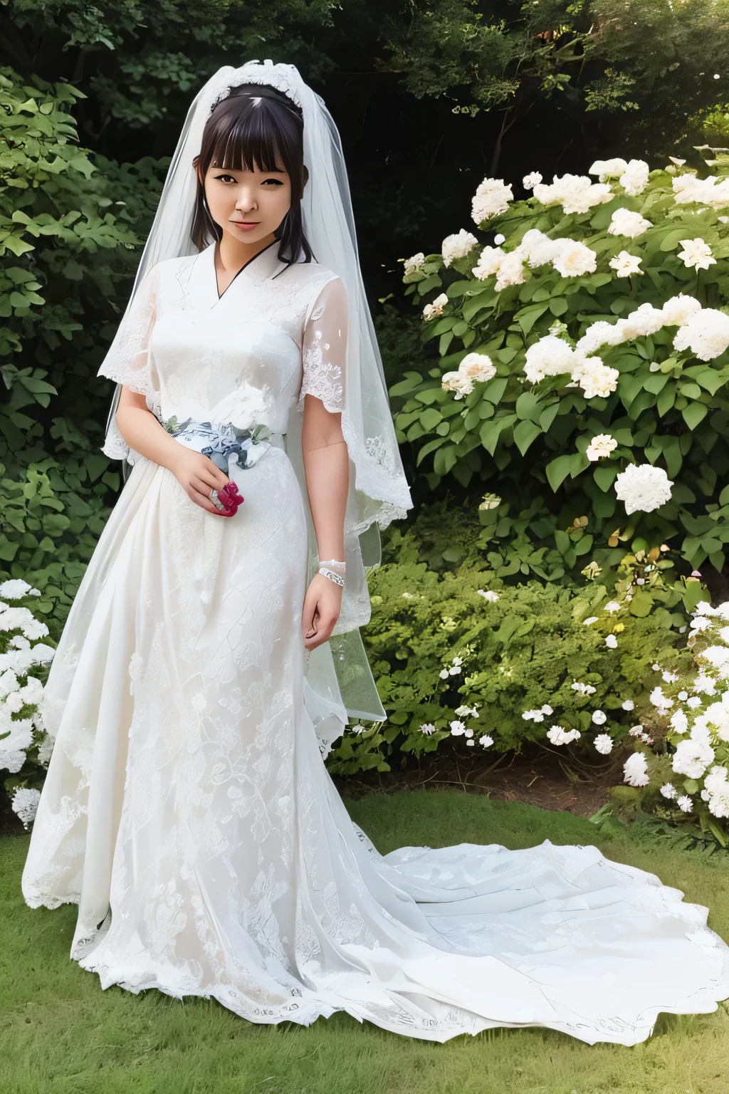 A Japanese woman in a white lace wedding dress standing in front of a hedge, Hi3GB