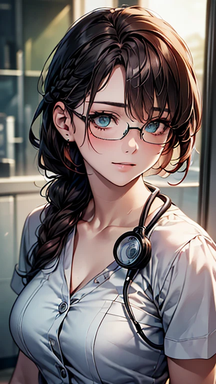 (Browsing Caution:1.2), (8k, RAW Photos, Best image quality, masterpiece: 1.4), (Highly detailed CG Unity 8k wallpaper, highest quality, High resolution: 1.2), (Ultra_Familiar, 超High resolution: 1.2), super highly Familiar, (Realistic, Realistic: 1.48), 1 girl, Focus Only,(Braiding:1.5), Side Lock, bangs, ((Dark green eyes:1.4, Round eyes, Beautiful eyelashes)), Clear Eyes,Big Breasts,Shiny Hair, beautiful Familiar cold face,Captivating smile, Beautiful and delicate eyes with exquisite detail,Extremely accurate details,Skin dents,Outdoor,Perfect Face,Perfect body, Beautiful Eyes, Beautiful Face,(Portraiture:1.5),Beautiful clavicle,Upward glance,Very cute woman, (Female doctor:1.6、White clothes、Stethoscope、Glasses、clean, Tied up hairstyle)、Medical Gloves、Name tag、Scrub Suits、Examination room、Medical equipment, Brown Hair,