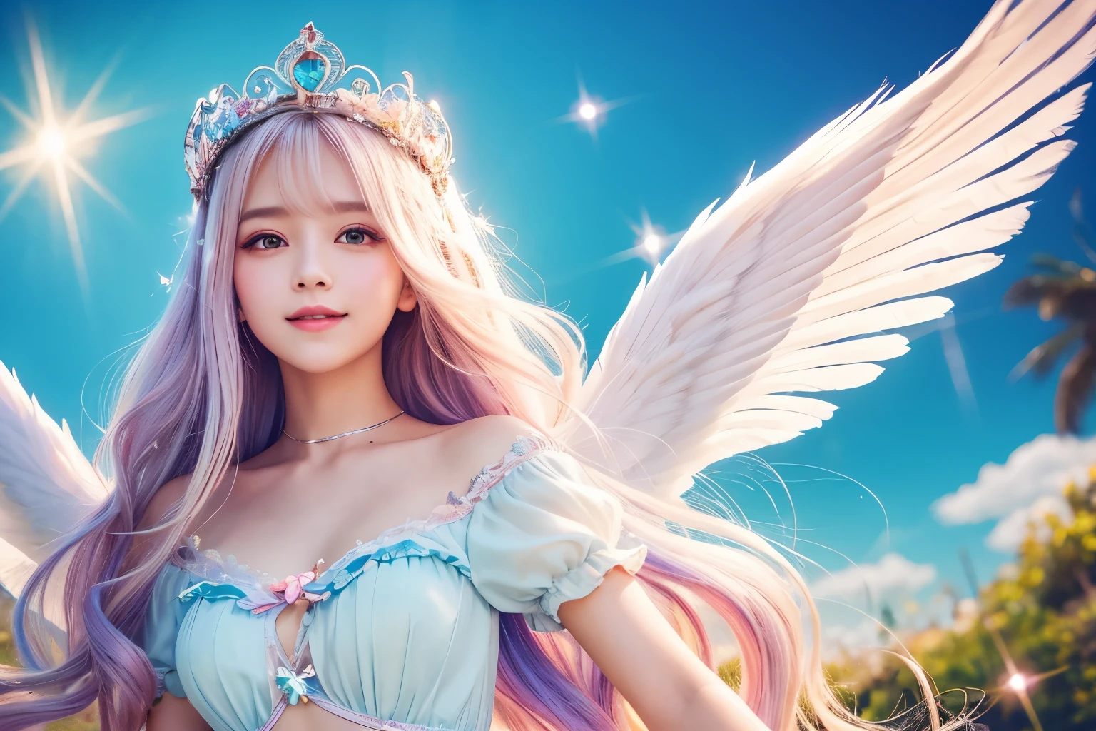 Use magic,heaven,tiara,Angel,Lolita,woman,Smile,Short sleeve,race,Lens flare,magical energy,healing,Sparkly Background,noon,summer,Light of the sun,Light background,Light blue sky,cute,Princess,clear,happiness,Angelの羽根,Fairy Wings,Silky shiny hair,Glossy Skin,Long Hair,Fairyland,Soft light,,dream,hope,Pop Art,pastel colour,Big Rainbow,Sparkling Eyes,fine,Non-Adult,High resolution,light peach-colored hair,Wavy Hair,Thin eyebrows,Fluffy Feathers,Feathers fluttering