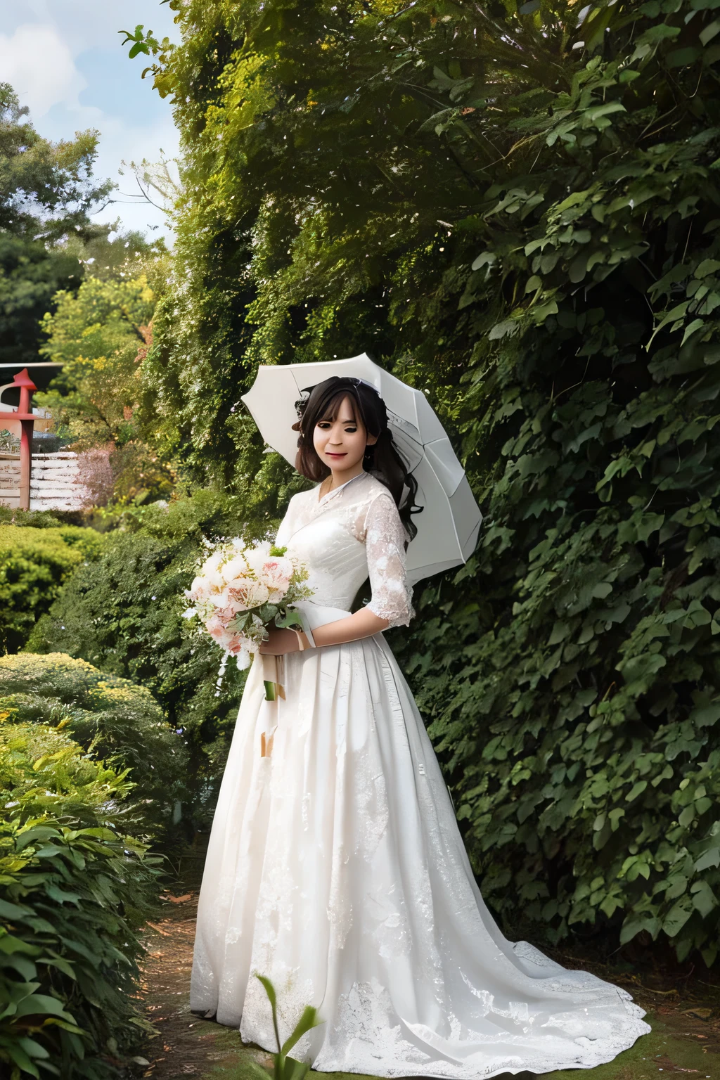 A Japanese woman in a white lace wedding dress standing in front of a hedge, Hi3GB
