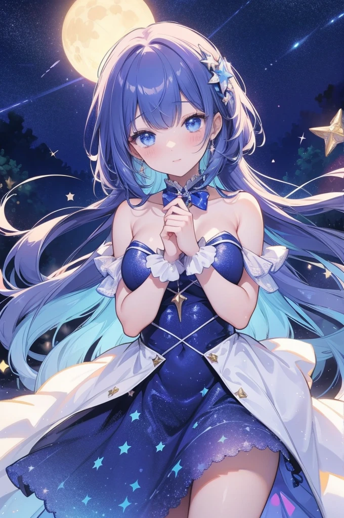 Starry Sky Magical Girl：Describes a beautiful girl wearing a magical costume with a star and moon pattern，She holds a glowing magic wand，The background is the night sky with twinkling stars and blue moonlight。