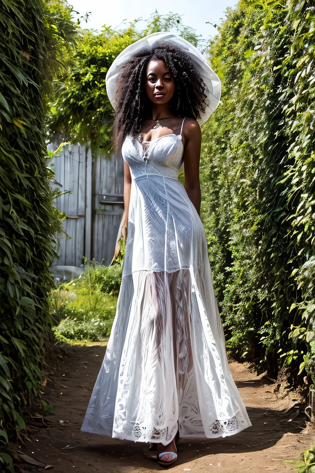 A African woman in a white lace resort dress standing in front of a hedge, Hi3GB