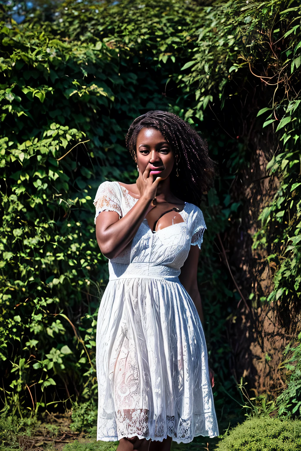 A African woman in a white lace resort dress standing in front of a hedge, Hi3GB
