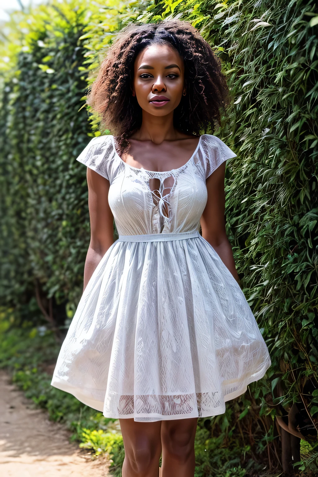 A African woman in a white lace resort dress standing in front of a hedge, Hi3GB