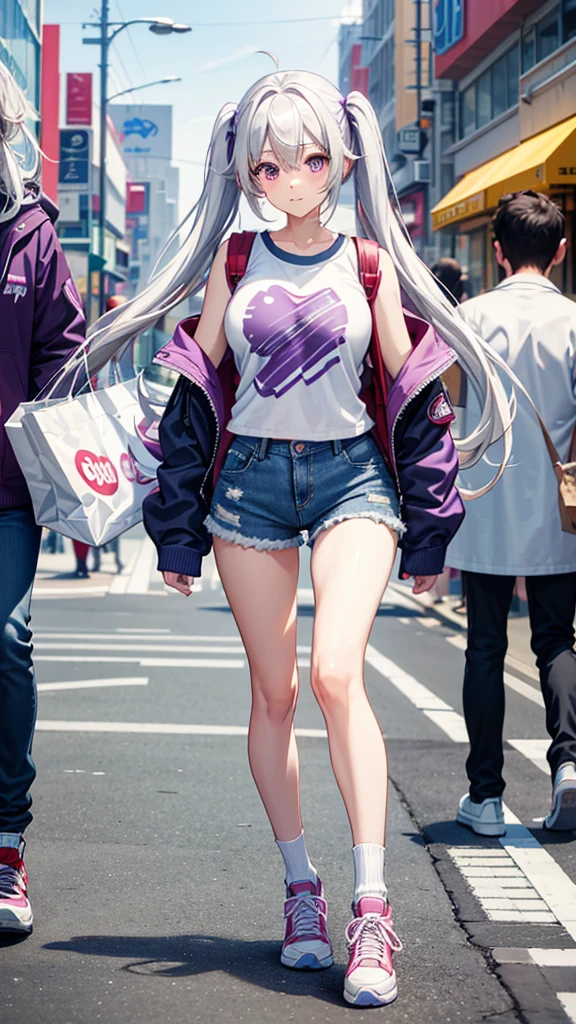 best quality, masterpiece, , ,short, huge breasts, white hair,low twintails, purple eyes, yukine chris, thin twintails,  (((shy))), (happy), wearing a anime T-shirt, blue denim shorts, denim jacket, long socks and sneakers, holding a shopping bag in her arms, walking in the city, upper body 
