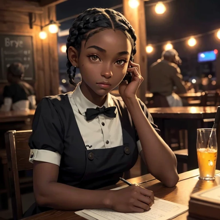 (masterpiece, best quality), deep ebony 1girl, beautiful face, short braids, tavern setting, dressed like a waitress , beautify, Lofi vibe, cute night vibe, concentrated, sitting, city wear, book over the table, hands outside of the picture,