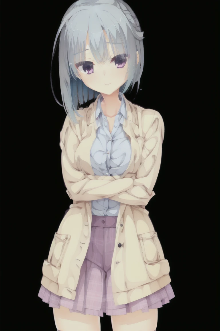 1girl,solo,pink_eyes,blue_hair,bob_hair,smile,Light brown cardigan, baggy cardigan, white shirt, cute shirt, skirt, pleated skirt, brown skirt, plaid skirt, thigh-highs sleeves_past_wrists,Bedroom,expensive_solve, clear_image, expensive_Contrast, 8k, Sparkling, beautiful_detailed_face_and_eye, (Blue Hair:1.25), 白 eye,Black background