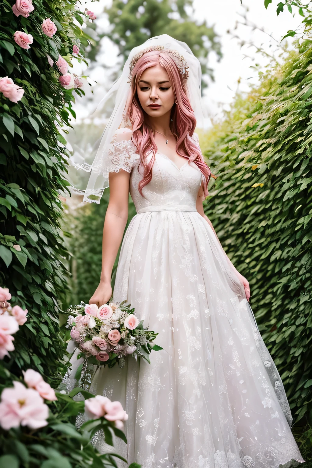 A woman in a white lace wedding dress standing in front of a hedge, pink hair, Hi3GB