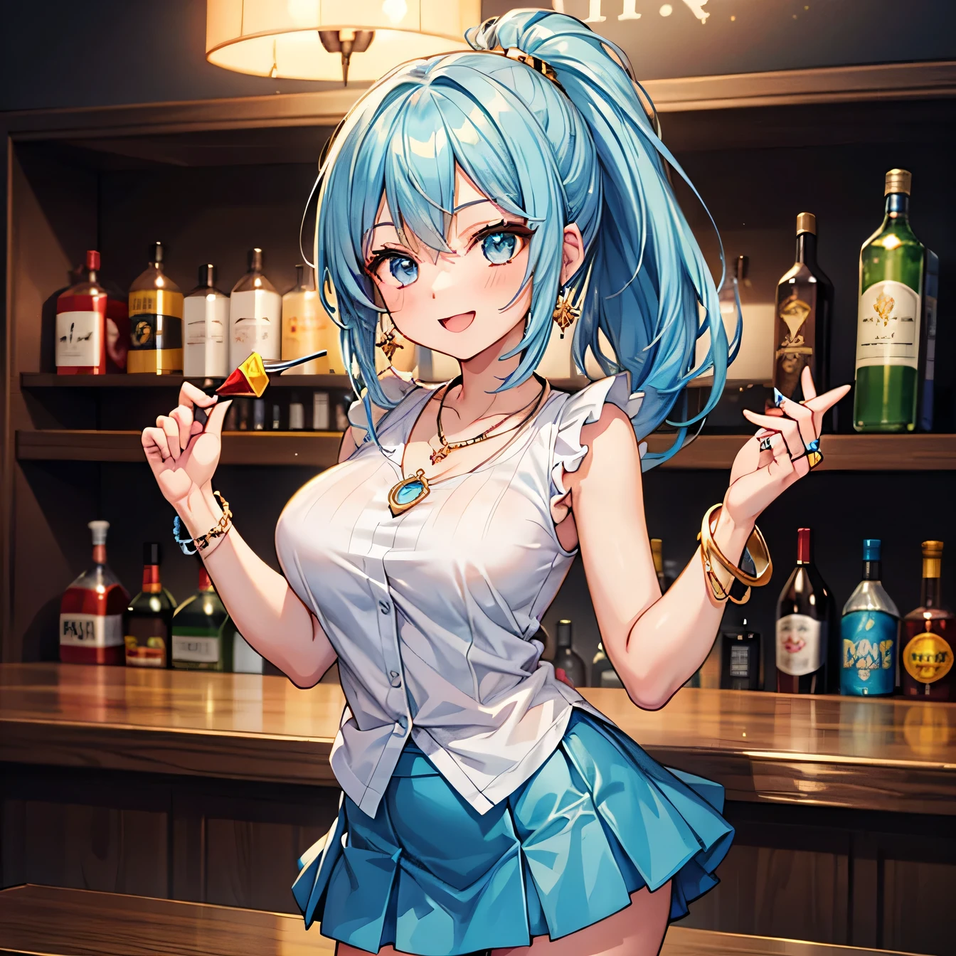 Anime Moe Art Style,highest quality,High resolution,One Girl,Anatomically correct,Mid-s,A girl with light blue hair in a ponytail,Super detailed,Fantasy-inspired costumes,off shoulder tops,mini skirt,Big Breasts,Active,Bright smile,Laughing with your mouth open,A rich expression,Eyes drawn in detail,necklace,ring,hair ornaments,bracelet,Fantasy-style town,Looking at accessories from a street vendor,8K