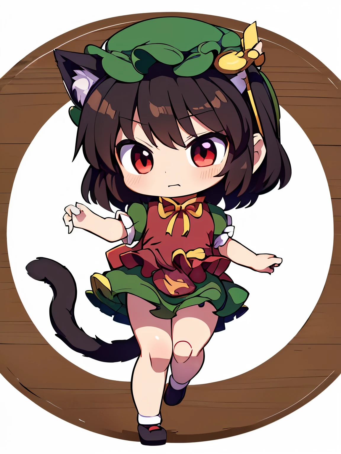 (((masterpiece))), (((best quality))), ((ultra-detailed)), (8K), anime style, (1girl),(((touhou project))), (((Chen))),blown short hair,black cat ear,black cat tail,red costume,(((Deformed, super deformed))), (((chibi))), cute,