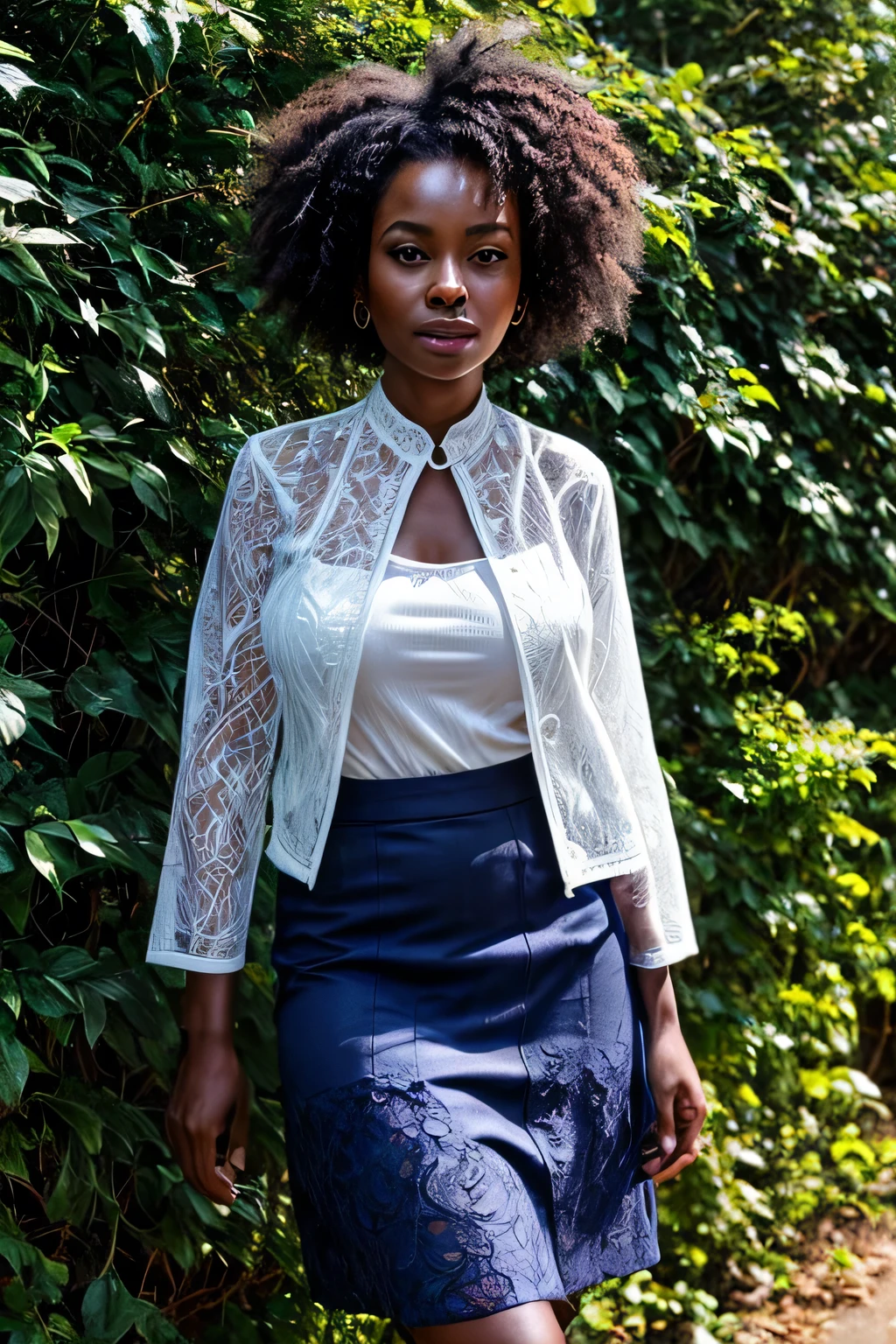 A African woman in a white lace jacket and navy blue skirt, standing in front of a hedge, Hi3GB