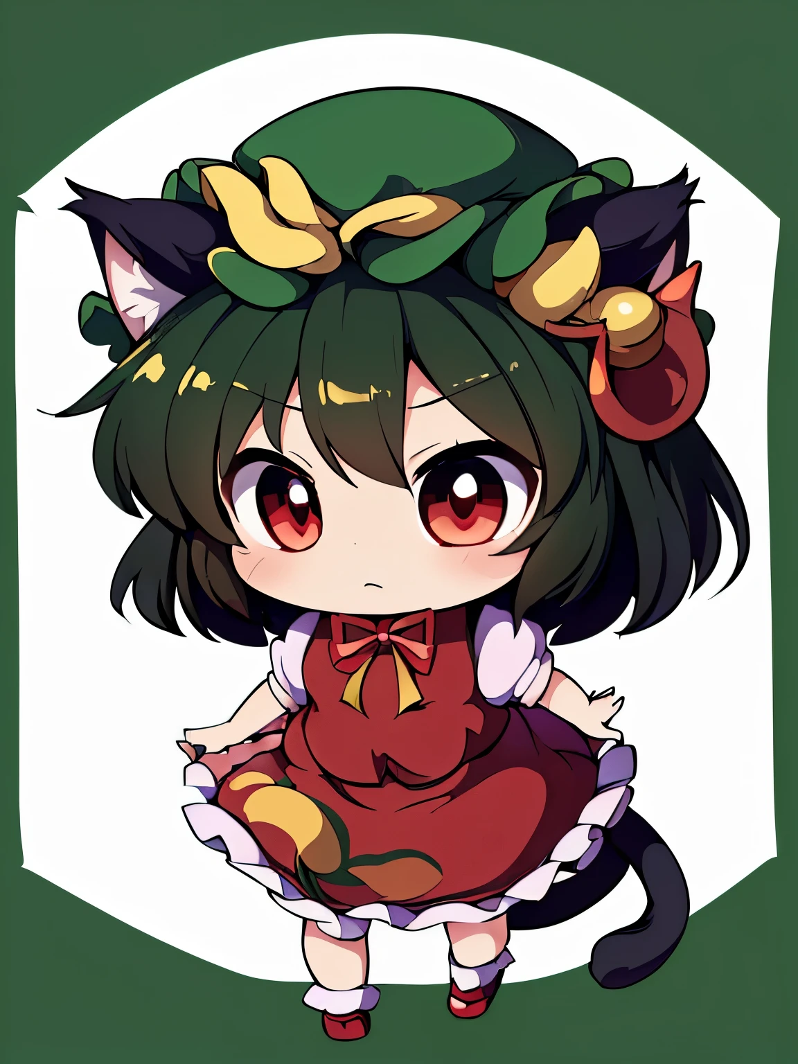 (((masterpiece))), (((best quality))), ((ultra-detailed)), (8K), anime style, (1girl),(((touhou project))), (((Chen))),blown short hair,black cat ear,black cat tail,red costume,(((Deformed, super deformed))), (((chibi))), cute,
