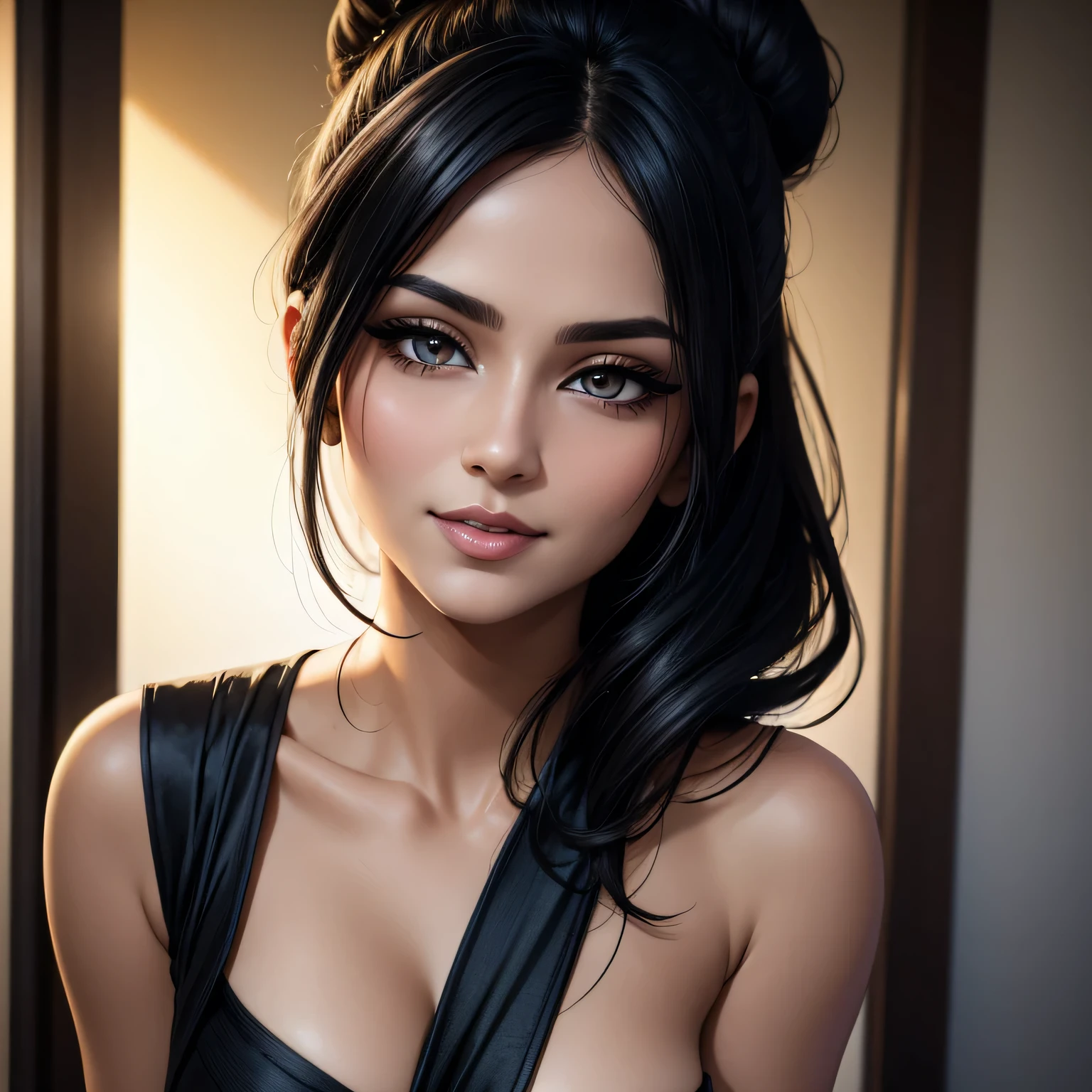 Amazing portrait of a sexy woman who is a MILF and your neighbour with her black hair in a bun with seductive eyes and she's blushing with a seductive smile wearing amazing makeup wearing a saree with a lustful look and a sultry pose