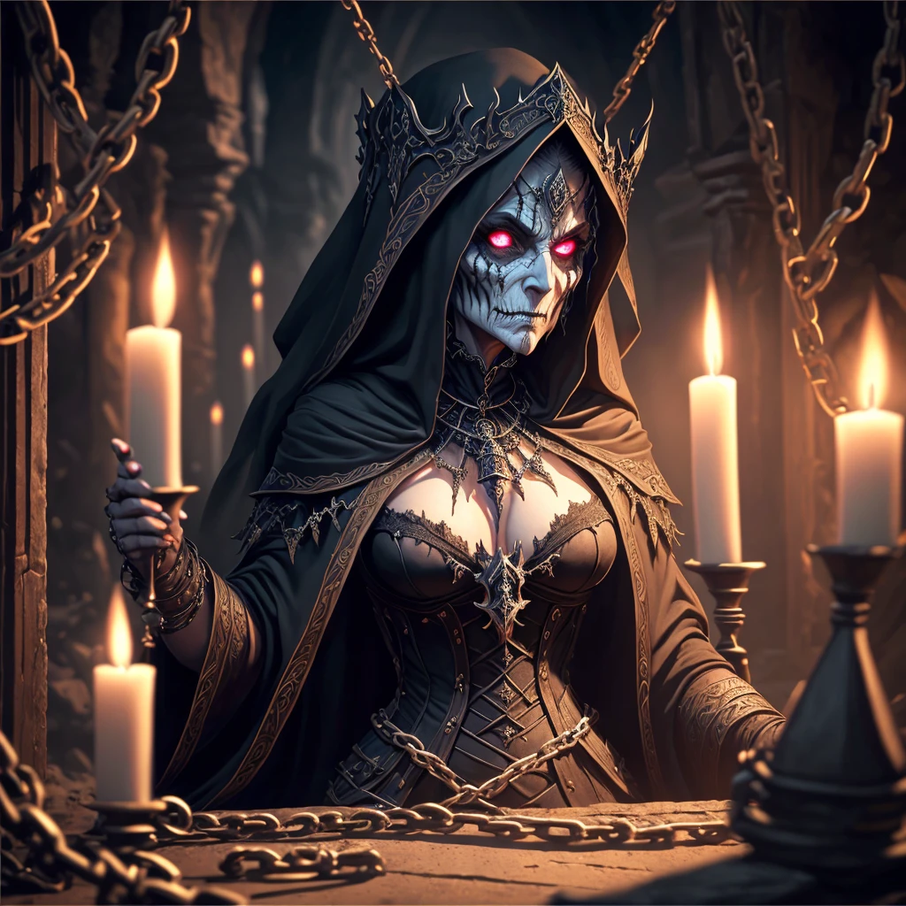 a terrifying undead lich, a powerful elderly female sorcerer,(beautiful detailed eyes,beautiful detailed lips,extremely detailed eyes and face,longeyelashes), alluring and repulsive, between the illusion of a vital sexy woman and a rotten corpse, inspecting her prisoners (an adventuring of young, vital scantily clad women restrained by magic and chains to her dungeon wall), deciding who to love and devour, dark fantasy, cinematic lighting, dramatic shadows, moody atmosphere, highly detailed, intricate, masterpiece,4k,8k,highres,ultra-detailed,(realistic,photorealistic,photo-realistic:1.37),HDR,UHD,studio lighting,ultra-fine painting,sharp focus,physically-based rendering,extreme detail description,professional,vivid colors,bokeh,horror,dark,gothic,dramatic
(show her from head to toe, show all of her, show her entire body)