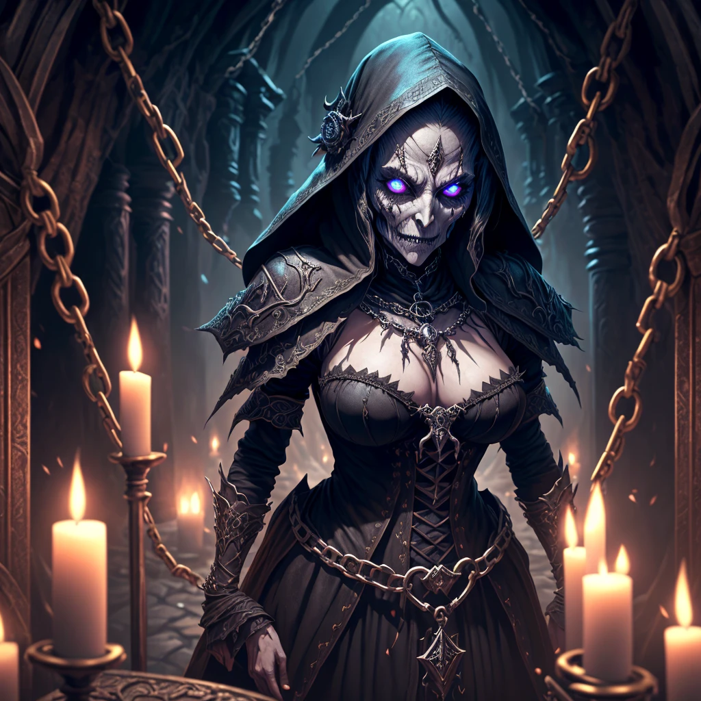 a terrifying undead lich, a powerful elderly female sorcerer,(beautiful detailed eyes,beautiful detailed lips,extremely detailed eyes and face,longeyelashes), alluring and repulsive, between the illusion of a vital sexy woman and a rotten corpse, inspecting her prisoners (an adventuring of young, vital scantily clad women restrained by magic and chains to her dungeon wall), deciding who to love and devour, dark fantasy, cinematic lighting, dramatic shadows, moody atmosphere, highly detailed, intricate, masterpiece,4k,8k,highres,ultra-detailed,(realistic,photorealistic,photo-realistic:1.37),HDR,UHD,studio lighting,ultra-fine painting,sharp focus,physically-based rendering,extreme detail description,professional,vivid colors,bokeh,horror,dark,gothic,dramatic
(show her from head to toe, show all of her, show her entire body)