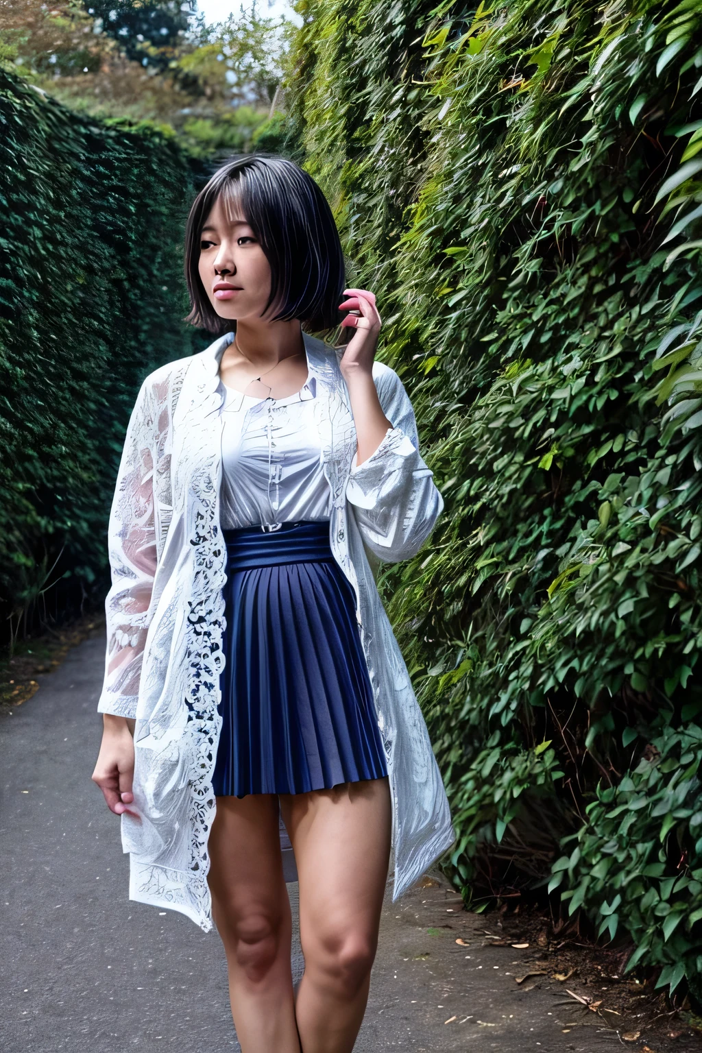 A Japanese woman in a white lace jacket and navy blue skirt, standing in front of a hedge, Hi3GB