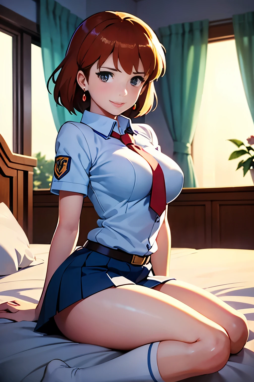 (masterpiece, highest quality, High resolution, 8k, High quality anime illustrations, Realistically), ((Nausicaa)), very cute, sexy, smiling happily, ( Face), blush, Pout your lips, Moist and beautiful lips, (alone), Bright reddish brown hair, short hair, Red Gem Earrings, Beautiful moist eyes, Beautiful pointed breasts, (High school girl uniform), mini skirt, white high socks, Perfect beauty, Slim body, (Perfect and detailed anatomy, Beautiful and elaborate face&eye:1.5, Shiny skin, Perfect proportions), Luxury hotel suites bed room, show cleavage, (Staring at the audience), I want to see the whole body。