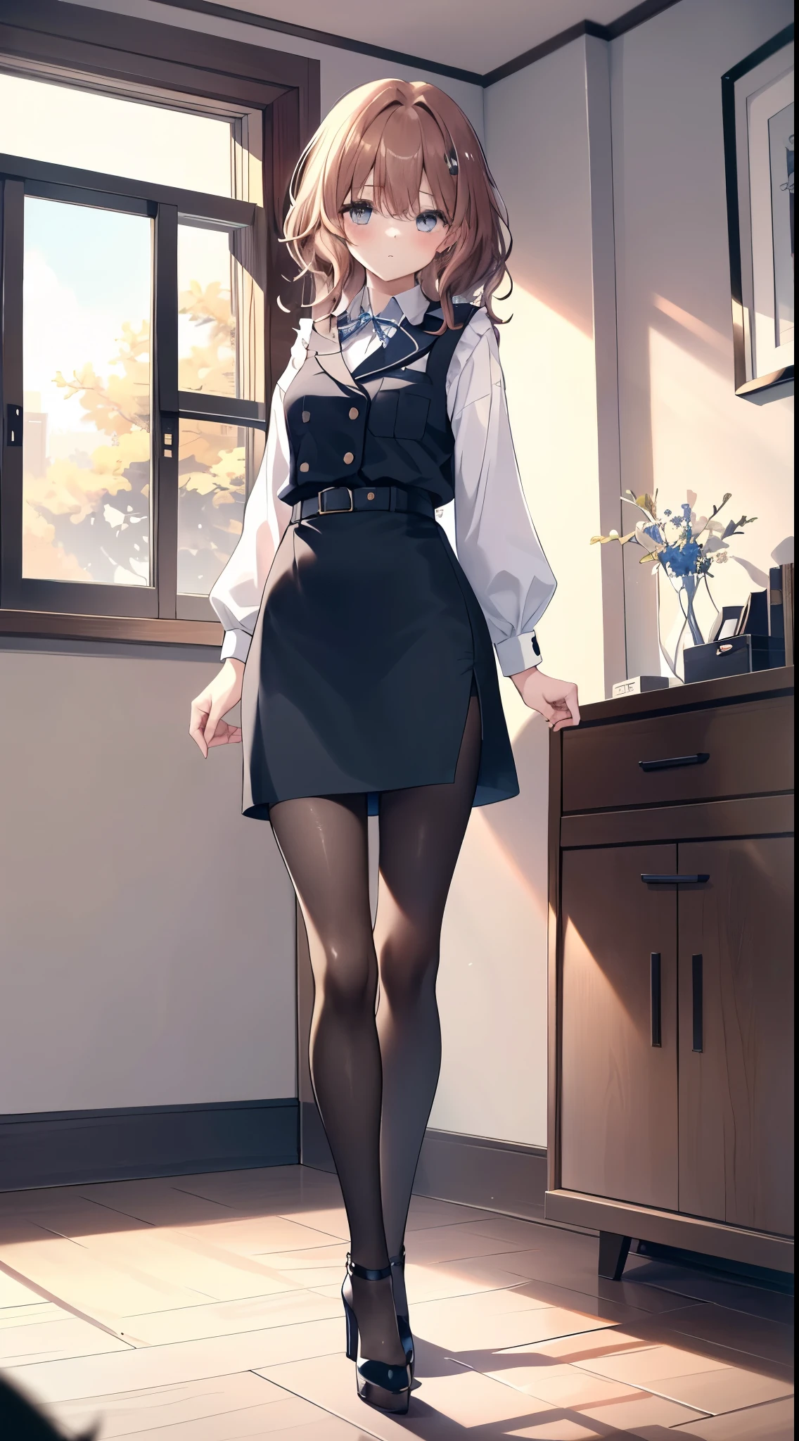 Top quality, masterpiece, High resolution, (whole body), front, frontやや下からの構図, Symmetric, 18-year-old girl, alone, (whole body from head to toe), Small breasts, Brown Hair, slightly Messy Hair, bangs, (black tights), ( (Black Pantyhose), Black Pantyhose, (彼女はfeetを広げており、feetの間から白いパンティが見えている.), composition Show me your white panties, slender beautiful feet, とても美しい18-year-old girl (Navy high heels) feet), blush, Shy big eyes, Messy Hair, looking at the camera, Show me your white panties, Hide your arms behind your back, Dark blue office lady uniform, Dark blue pencil skirt, Navy Blue Vest, Beige cardigan