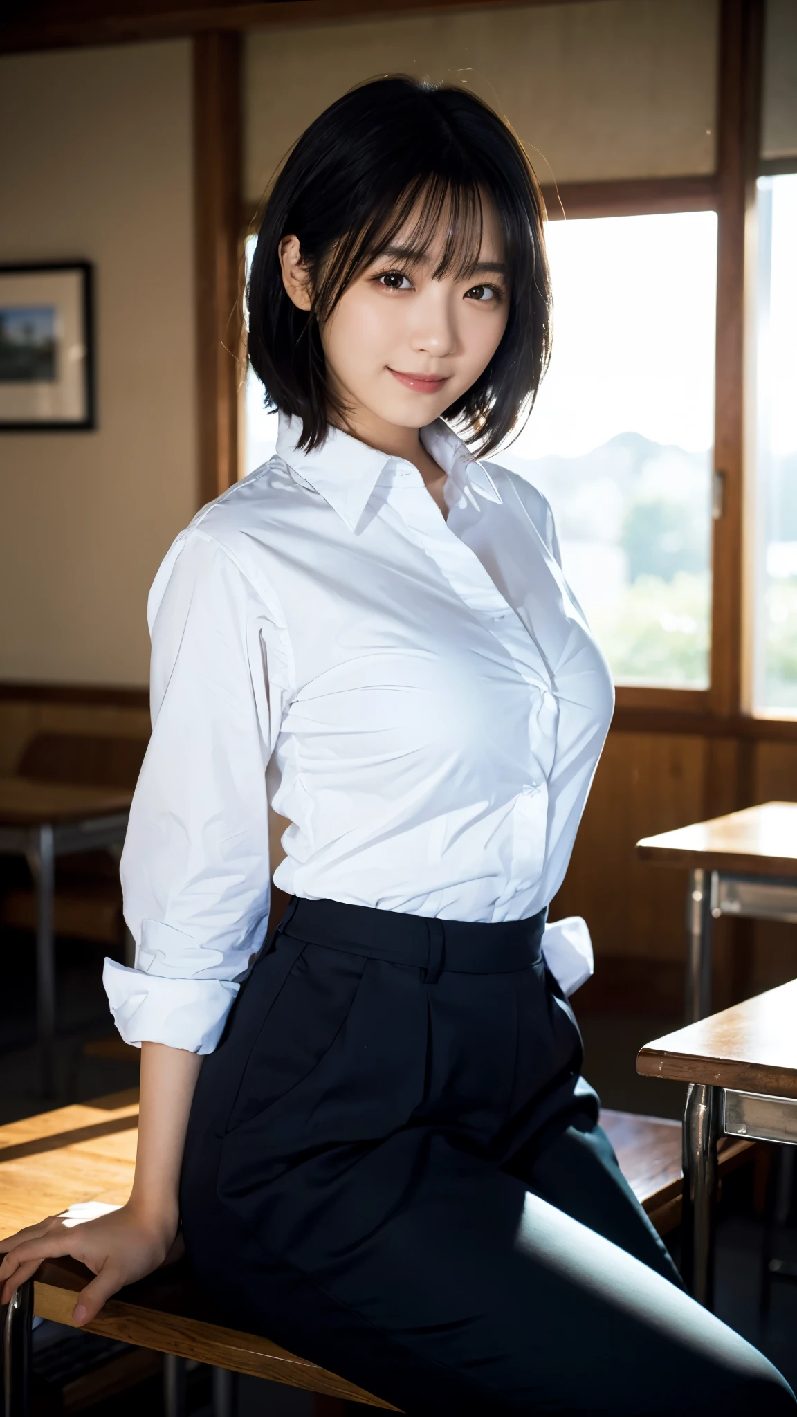 (highest quality,masterpiece:1.3,Ultra-high resolution),(Super detailed,Caustics,8k), (Photorealistic:1.4, RAW shooting),dusk,Sunset sky,Dimly lit classroom,Japanese,20-year-old,smile,Black Hair Middle Hair,(White shirt),Big Breasts,Waist up shot,Natural light,(Low position),(Low - Angle)