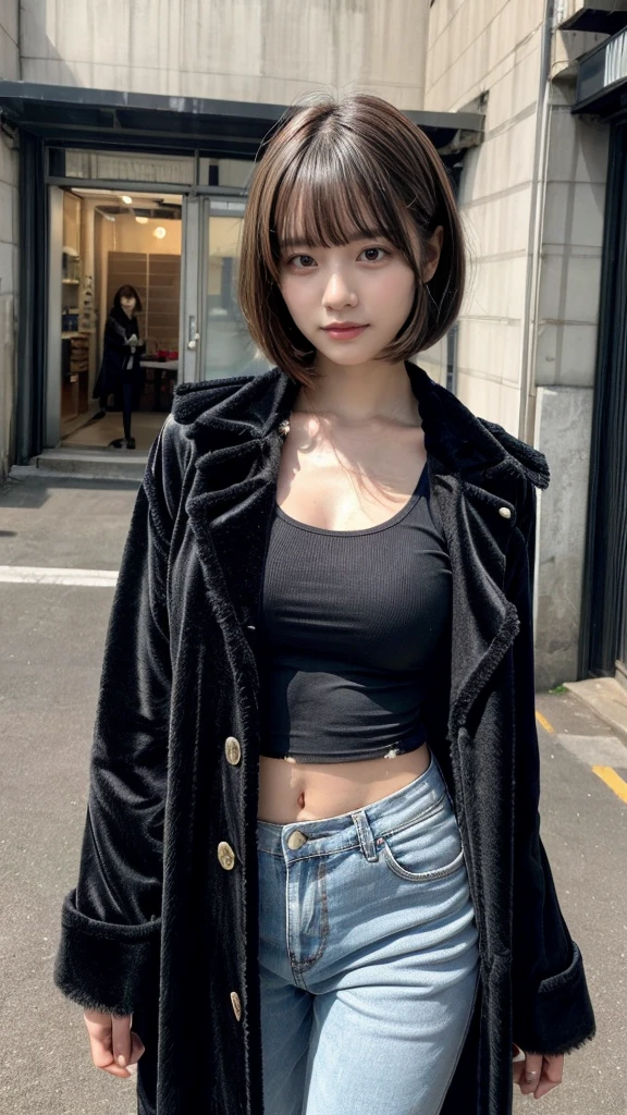 With bangs,Beautiful black hair,Woman with straight medium bob cut,,,21-year-old female,(((No hat))),Aspacarina,((Shy expression)),huge breasts,,Very beautiful eyes, ,(((Wearing a tattered black coat))),(Don't expose it),(make:1.4),Big eyes,Hip Hop Dancer,Gangster style long pants,8k,High resolution,Gangster style,(head shot:1.5)