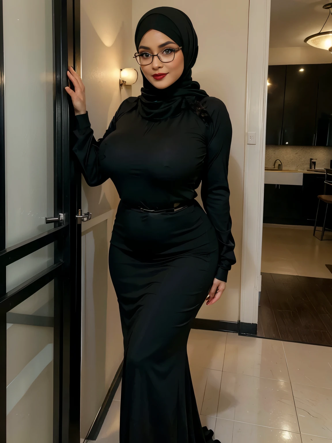 (double exposure), (full body photo), A gorgeous matured teacher stand behind door,((35 year old)), ((malay women)), slightly curvy fit body shape, bigger ass, giga_busty, huge thighs, wearing ((black fitted abaya muslim long dress)), ((black hijab:1.2)), smirk on camera, indoor,arabic wooden door,islamic style,arabic calyraphy,wall,,  pov, solo, single,  (SFW), texture, ultra high res, RAW, instagram LUT, masterpiece, best quality, ultra-detailed, ultra high resolution, RAW, 4k, (looking at viewer), extremely detailed eyes and face, (beautiful detailed nose), (beautiful detailed thigh), (beautiful detailed eyes), perfect body proportion, (looking at the camera),smirk, red lips, (she wear square glasses)