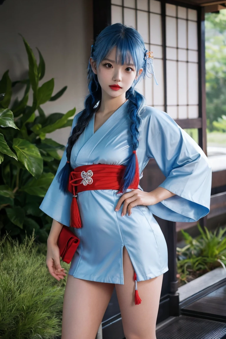 score_9, score_8_up, score_7_up, 1girl,sakuragun, pussy, solo, long hair, medium breasts, niples,looking at camera, short dress, blue hair, standing, braid, thighs, japanese clothes, kimono, nail polish, lips, sash, night, short dress, rom below, red dress, red nails,