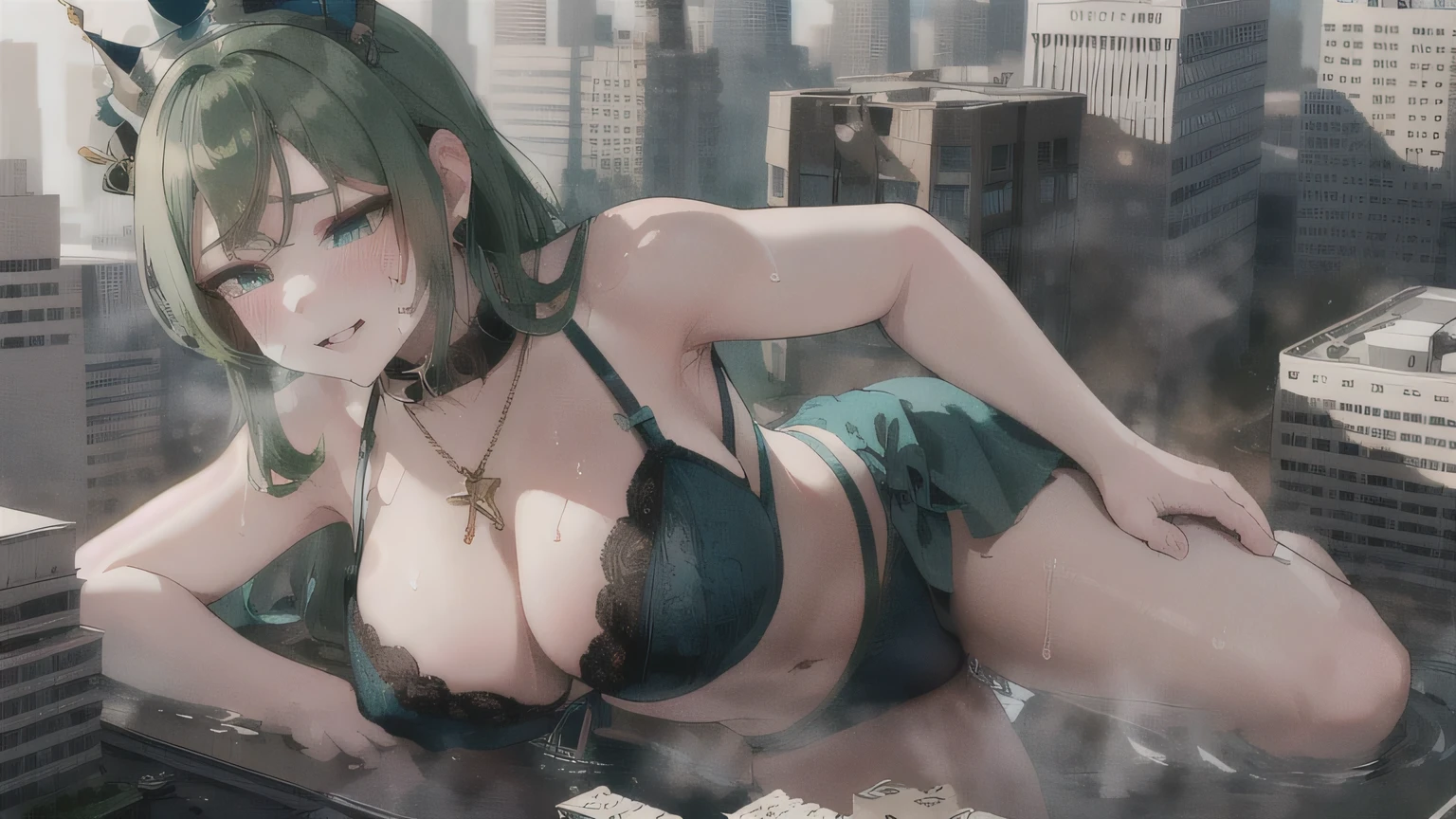 Perfect detail, Special details, highest quality, expensive, Empress, ..View Viewer, Green Hair, Long Hair, , Black Ribbon, Hair covering both ears, Side bang, Partially exposed forehead, Dark blue eyes, Mature Body, Perfect body, Large Breasts,Big Ass.Sweaty body, Wet body,Pussy,share、body fluid, blush, Cleavage.Blue lace lingerie,Gold Jewelry,Gold Bracelet,Gold Collar、 Luxurious crown、necklace, Pursing your lips, A light smile, Drunk, expensiveDetail, Depth of written boundary, 1080p, 16k, Awards, High resolution, highest quality, masterpiece, 超High resolution, Anatomically correct, Super detailed,,Huge breasts、Realistic、Perfect bodyライン、aerial photograph、aerial photograph、Destroying the city with a smile、 (A giant Empress bigger than a skyscraper destroys the city of Shibuya:1.5)、cute、Empress、body fluid,Eroticism　Nipples　Lying on the ground　Capture a city