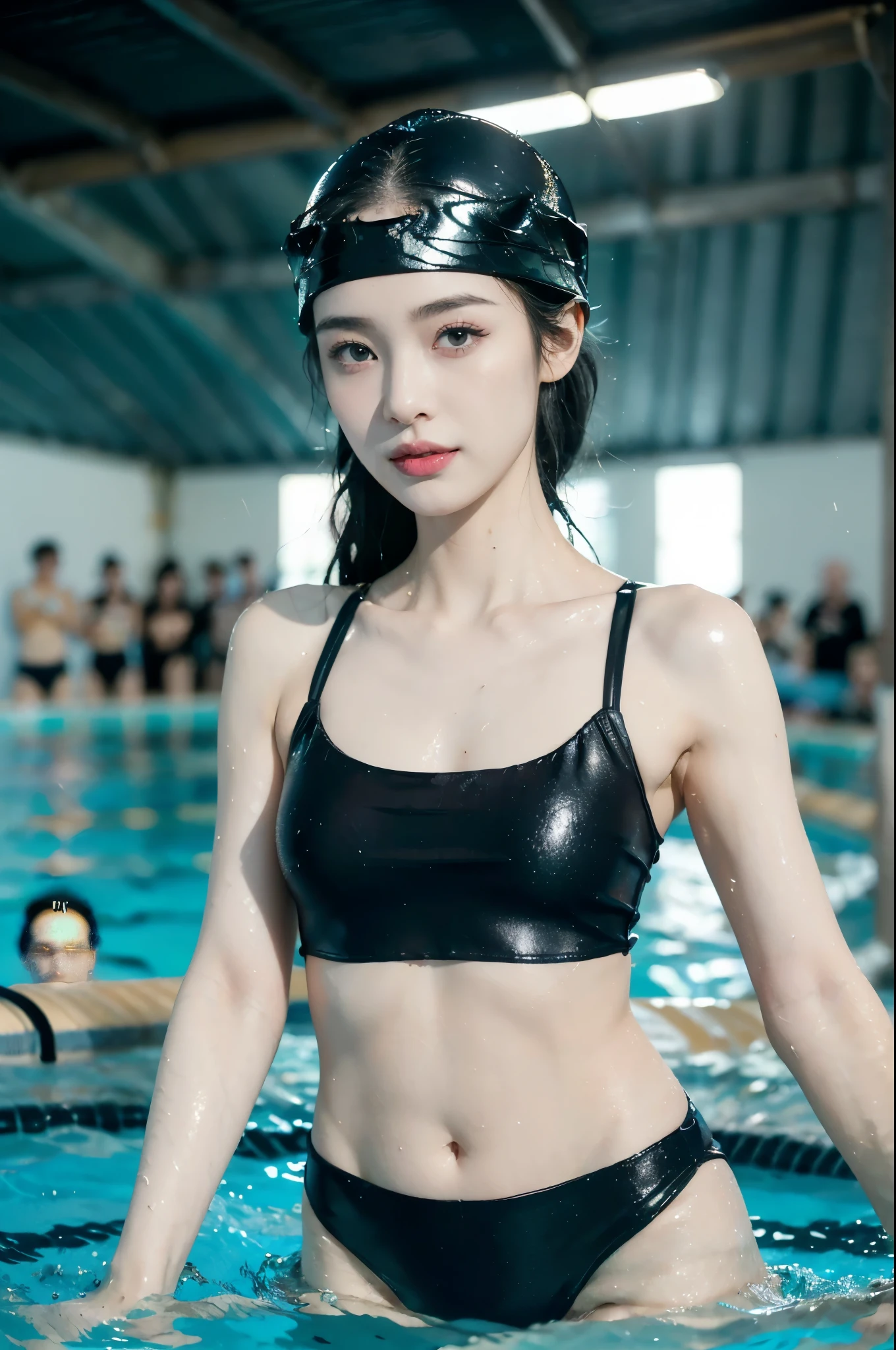 (Extremely meticulous CG),(((8k))),wallpaper,((Extremely refined and beautiful)),(((Masterpiece))),(((best qualtiy))),(((Ultra High Resolution))),beautiful light up,realistic shaded,(Smooth and flawless fair skin:1.5),(Extremely exquisite facial details:1.3),(ultra-detailed:1.5),((a beautiful girl,solo)),(black swimming cap on head:1.5),(short ponytail:1.2),(small head:1.2),(slender face:1.2),(Exquisite makeup:1.3),(wet:1.5),(sweat:1.5),(happy:1.2),(laughing:1.2),(perfect body:1.1),(pale skin:1.3),(shiny skin:1.5),((slim,thin)),(small breasts:1.2),(flat chests:1.2),(sleeves:1.2),(torn black swimsuit top:1.5),(navel:1.3),(swimming trunks:1.3),(standing in the water:1.3),(the lower body below the neck is in water:1.3),(At the swimming pool:1.3),(In the swimming pool:1.3),(clear water:1.3),(indoor:1.2),(Cyberpunk style:1.3),(neon lights:1.3),(night scene:1.3),(detailed background:1.5),(upper body:1.3),(from front:1.3),(surrounded by crowded crowds of old men:1.5)