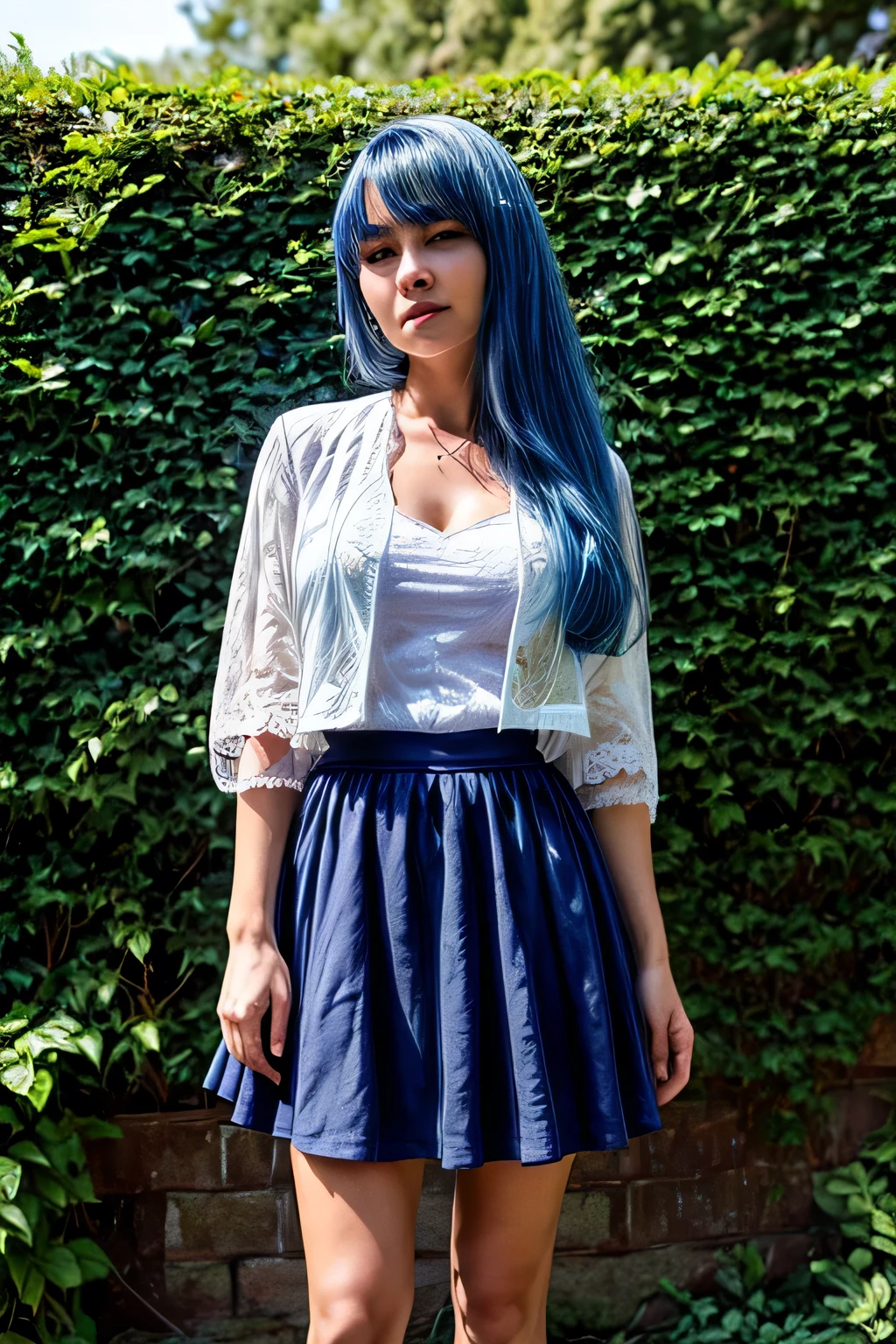 A woman in a white lace jacket and navy blue skirt, standing in front of a hedge, blue hair, Hi3GB