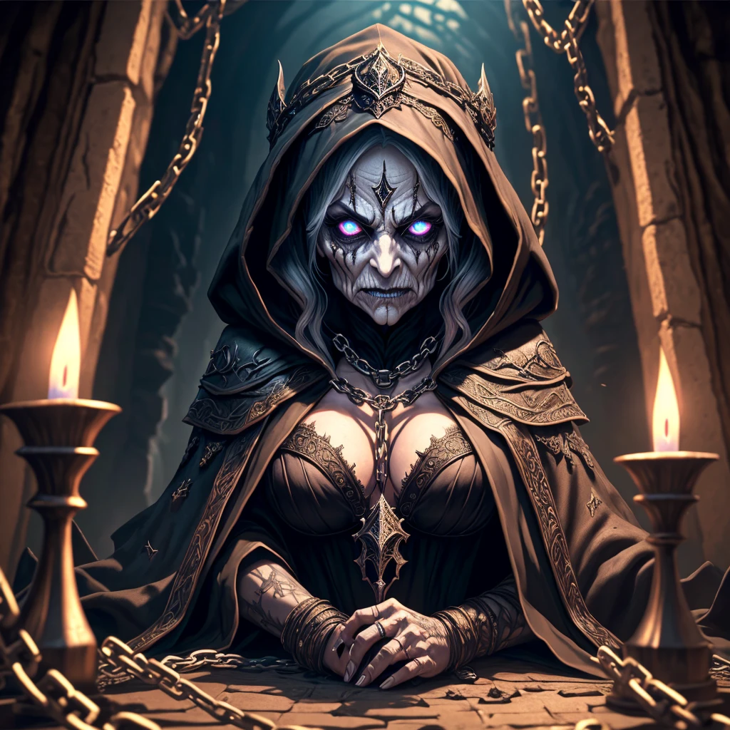 a terrifying undead lich, a powerful elderly female sorcerer,(beautiful detailed eyes,beautiful detailed lips,extremely detailed eyes and face,longeyelashes, reagl robe ruined by age and decay), alluring and repulsive, between the illusion of a vital sexy woman and a rotten corpse, inspecting her prisoners (an adventuring of young, vital scantily clad women restrained by magic and chains to her dungeon wall), deciding who to love and devour, dark fantasy, cinematic lighting, dramatic shadows, moody atmosphere, highly detailed, intricate, masterpiece,4k,8k,highres,ultra-detailed,(realistic,photorealistic,photo-realistic:1.37),HDR,UHD,studio lighting,ultra-fine painting,sharp focus,physically-based rendering,extreme detail description,professional,vivid colors,bokeh,horror,dark,gothic,dramatic
(show her from head to toe, show all of her, show her entire body)(safe for work, all naughty bits covered by hands or scraps of cloth)