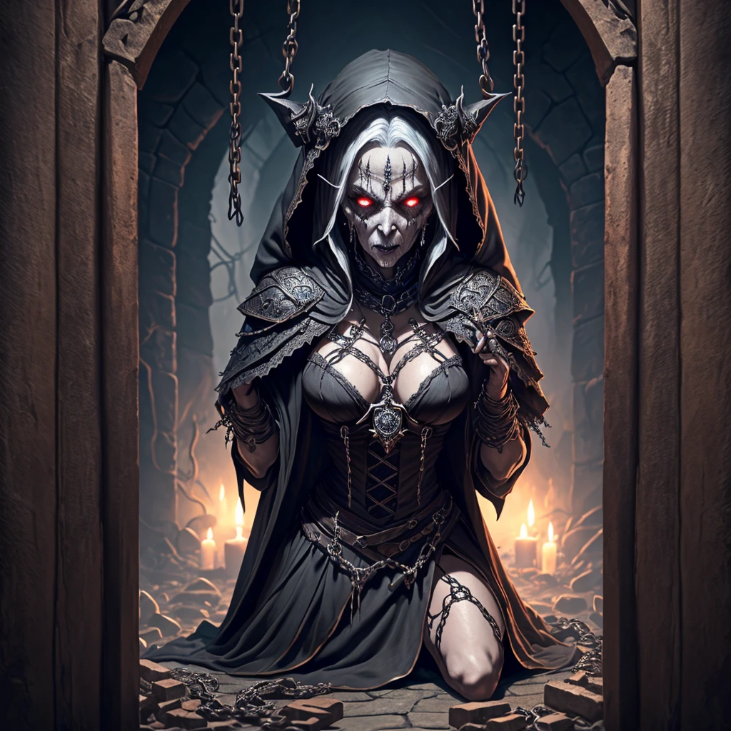 a terrifying undead lich, a powerful elderly female sorcerer,(beautiful detailed eyes,beautiful detailed lips,extremely detailed eyes and face,longeyelashes, reagl robe ruined by age and decay), alluring and repulsive, between the illusion of a vital sexy woman and a rotten corpse, inspecting her prisoners (an adventuring of young, vital scantily clad women restrained by magic and chains to her dungeon wall), deciding who to love and devour, dark fantasy, cinematic lighting, dramatic shadows, moody atmosphere, highly detailed, intricate, masterpiece,4k,8k,highres,ultra-detailed,(realistic,photorealistic,photo-realistic:1.37),HDR,UHD,studio lighting,ultra-fine painting,sharp focus,physically-based rendering,extreme detail description,professional,vivid colors,bokeh,horror,dark,gothic,dramatic
(show her from head to toe, show all of her, show her entire body)(safe for work, all naughty bits covered by hands or scraps of cloth)