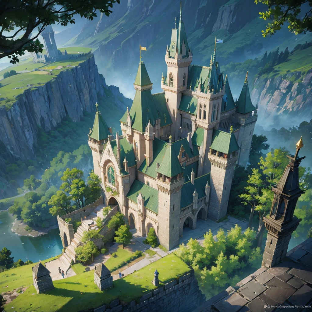 A High-elf large huge castle with green forest,Tower defense, One Watcher Tower, Four Arrow Tower, Magic Barrier cover the castle,