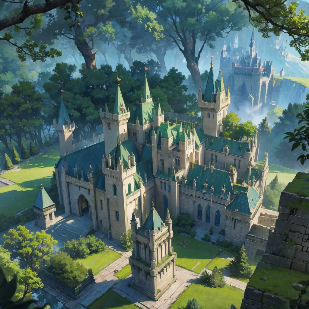 A High-elf large huge castle with green forest,Tower defense, One Watcher Tower, Four Arrow Tower, Magic Barrier cover the castle,