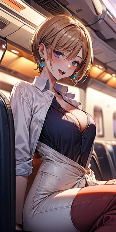 Atmospheric perspective, 8K, Super detailed, precise, best quality, Anime Background, 1 female, Droopy eyes, Sleepy, Low Angle, Luxurious design、Brightly colored pants, Super accurate drawing of pants, Knee socks, Show the camera yours, , Ecstasy face, open mouth, (Stewardess winter clothing), earrings, (hair)(((Large Breasts、Breast sagging、Low-cut,Cleavage ,Wide hips,)))((Long legs)),Hourglass figure)),